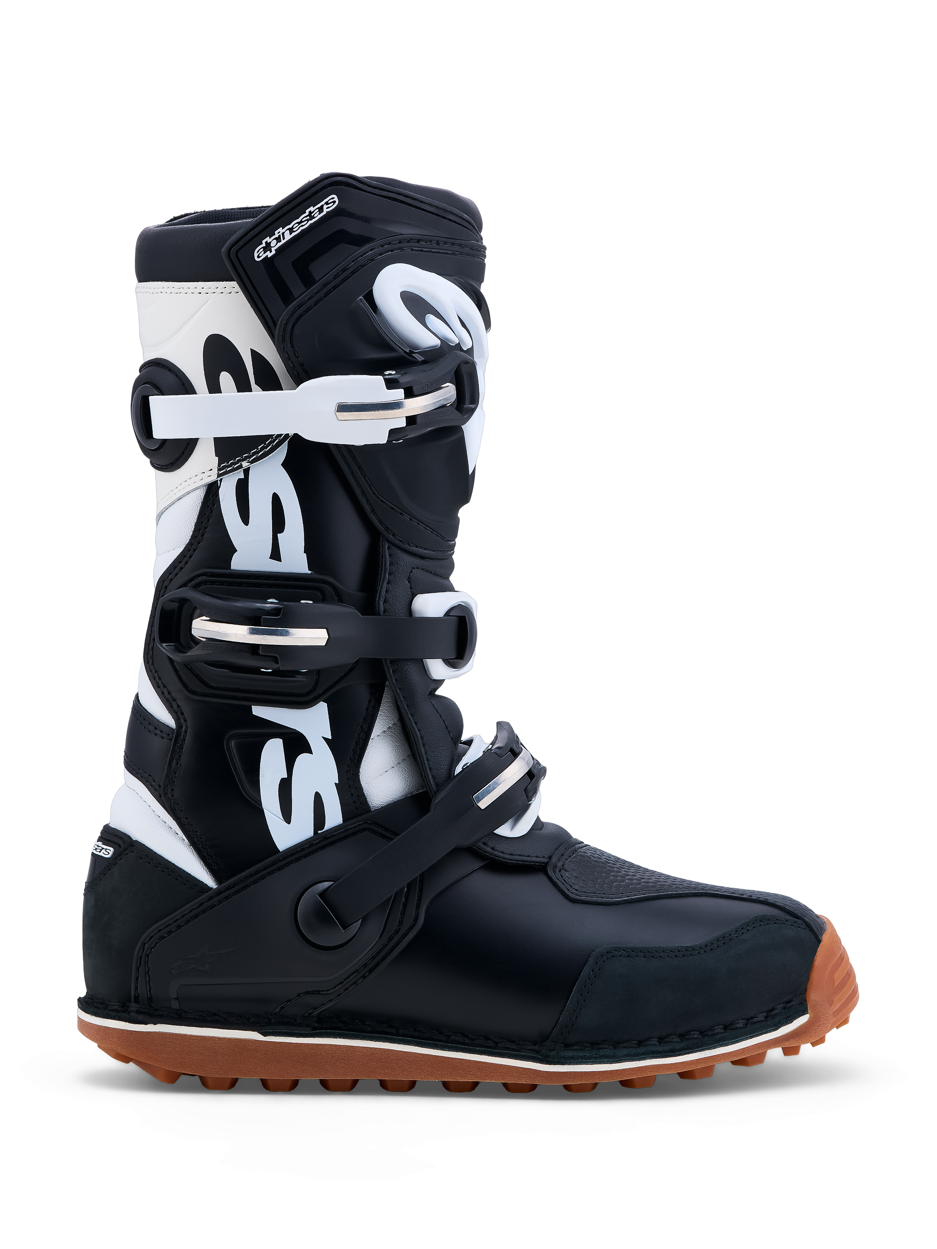 Alpinestars Stivali Tech-T, stivali da moto trial per uomo, neri e bianchi, in pelle e microfibra, suola color para ad alta aderenza, certificati CE, sistema di chiusura a tre fibbie.