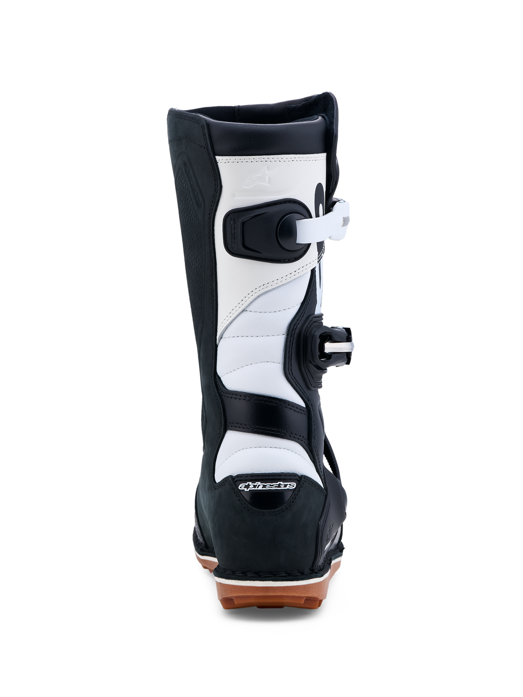 Alpinestars Stivali Tech-T, stivali da moto per trial, neri e bianchi, costruzione in pelle con suola in gomma, certificati CE, vista posteriore