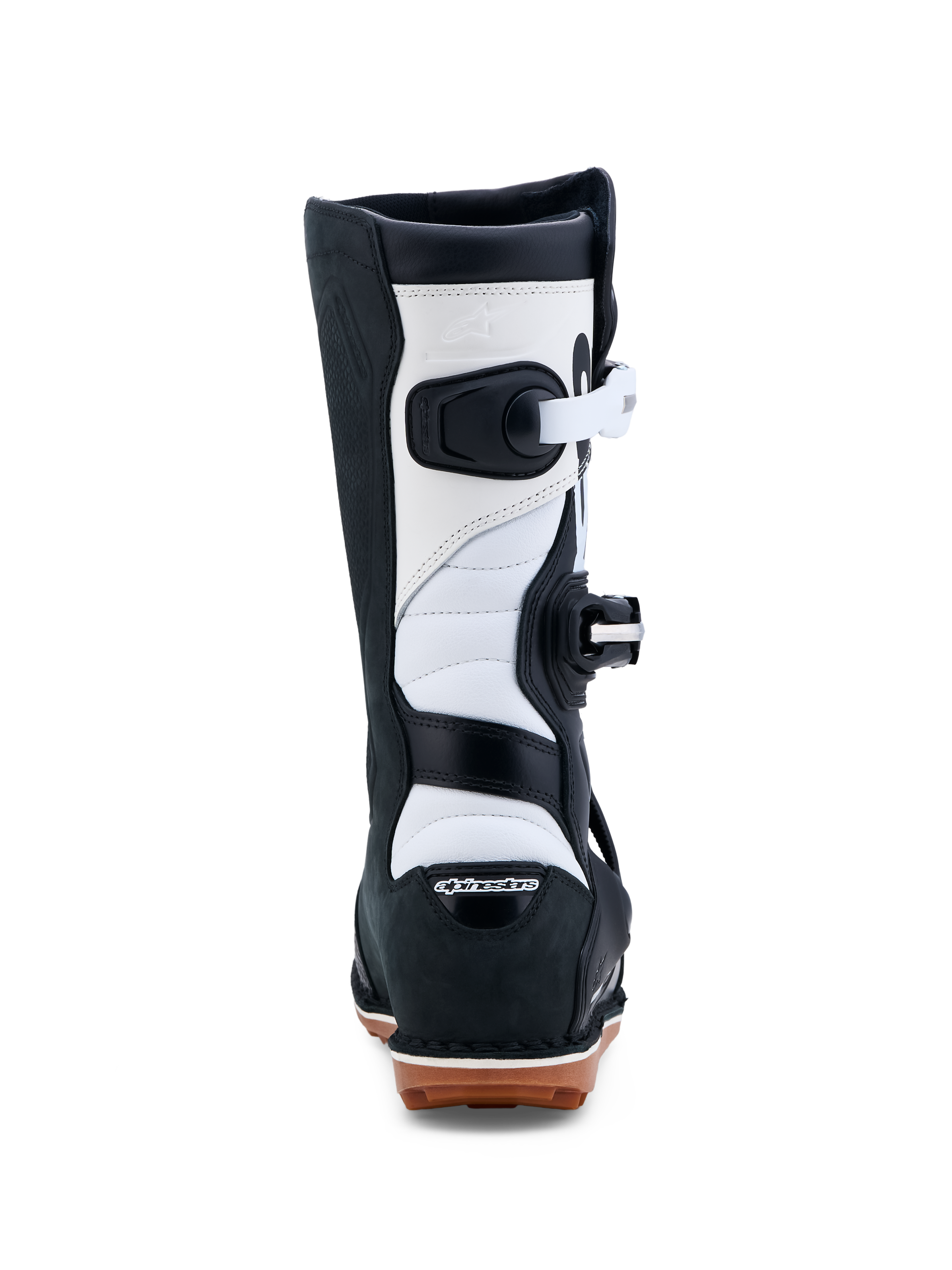 Alpinestars Stivali Tech-T, stivali da moto per trial, neri e bianchi, costruzione in pelle con suola in gomma, certificati CE, vista posteriore