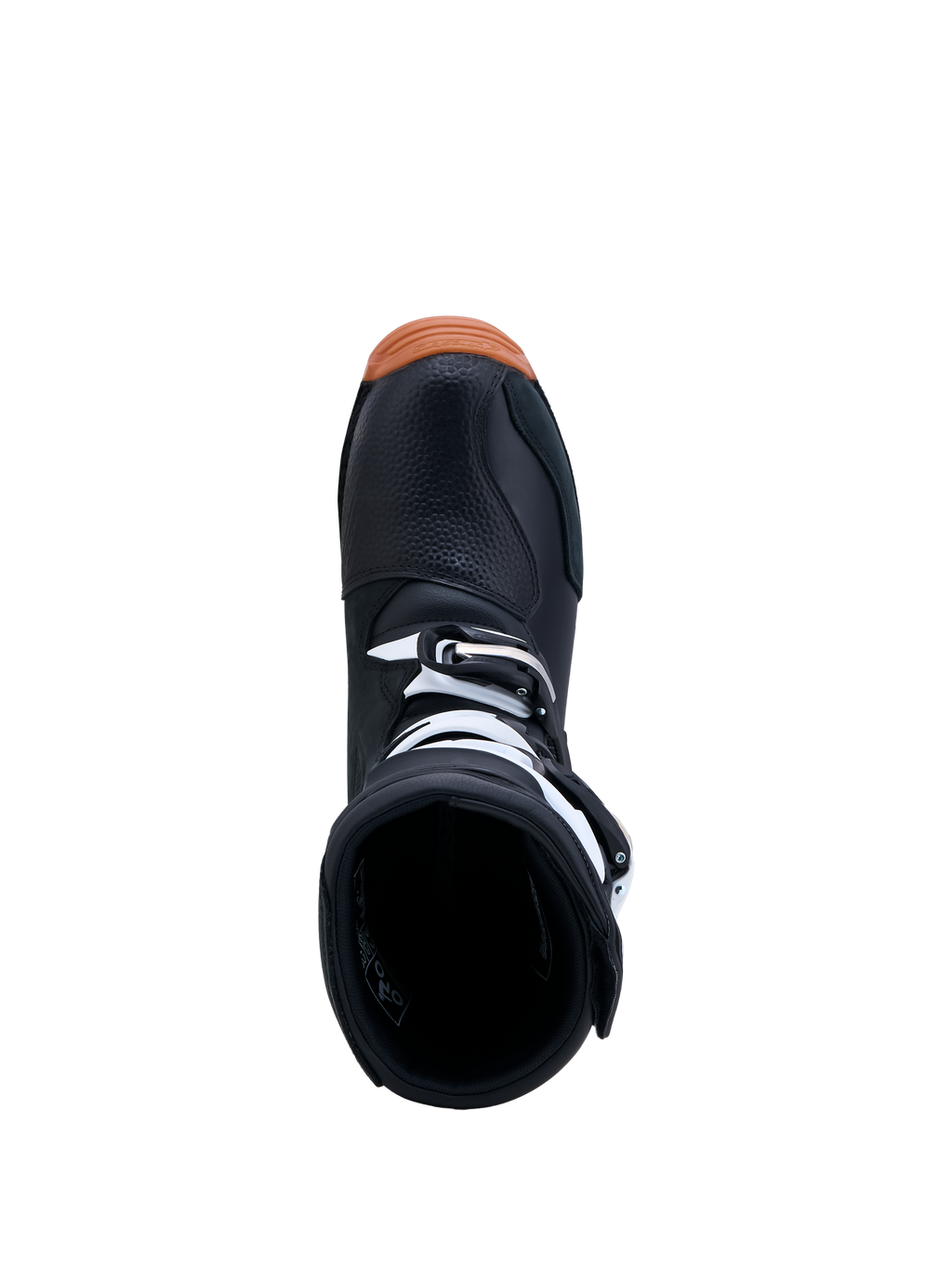 Alpinestars Stivali Tech-T, stivali da trial per uomo, neri e bianchi con suola in gomma color para, vista dall'alto dell'apertura d'ingresso e delle fibbie di chiusura