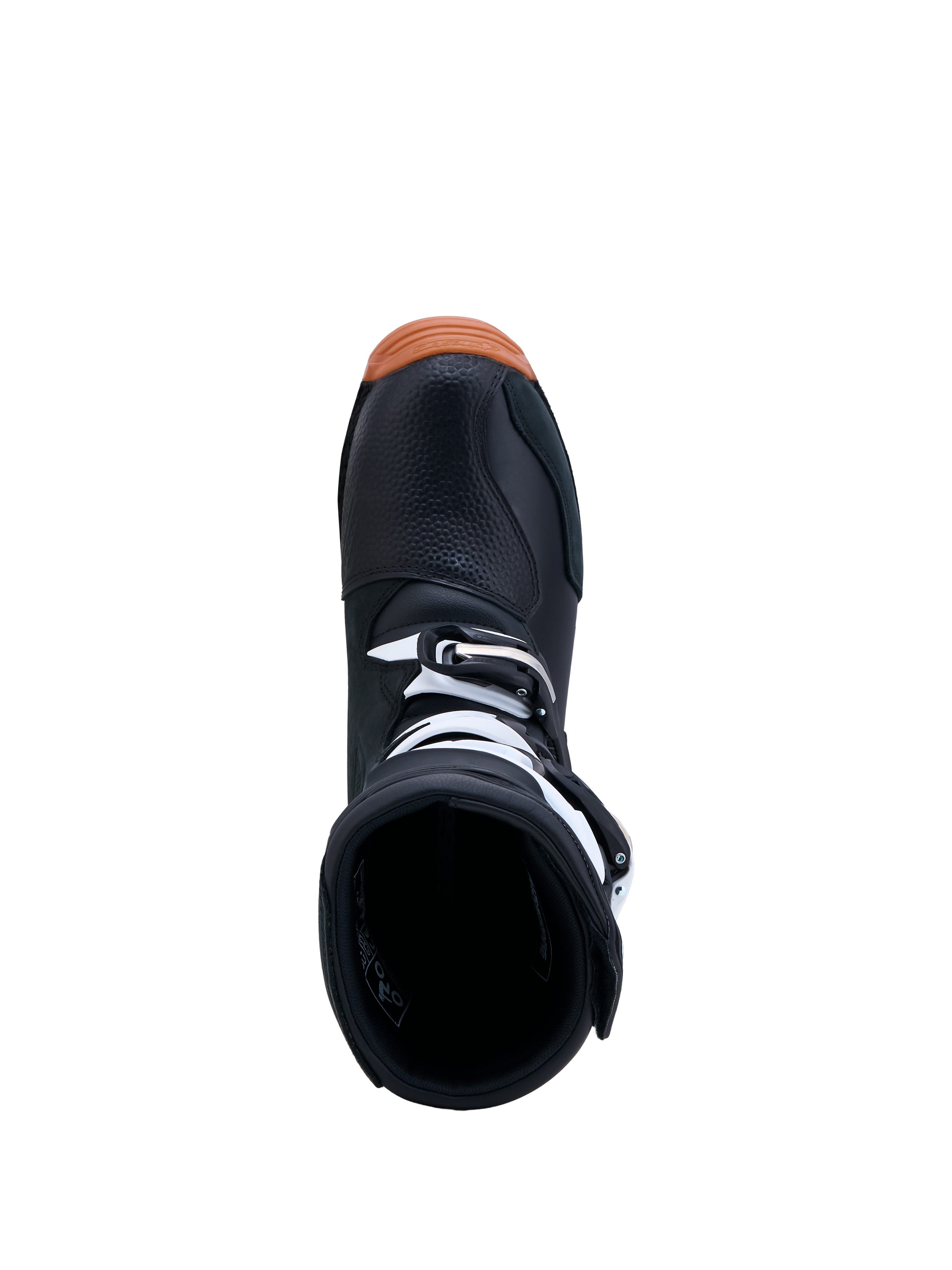 Alpinestars Stivali Tech-T, stivali da trial per uomo, neri e bianchi con suola in gomma color para, vista dall'alto dell'apertura d'ingresso e delle fibbie di chiusura