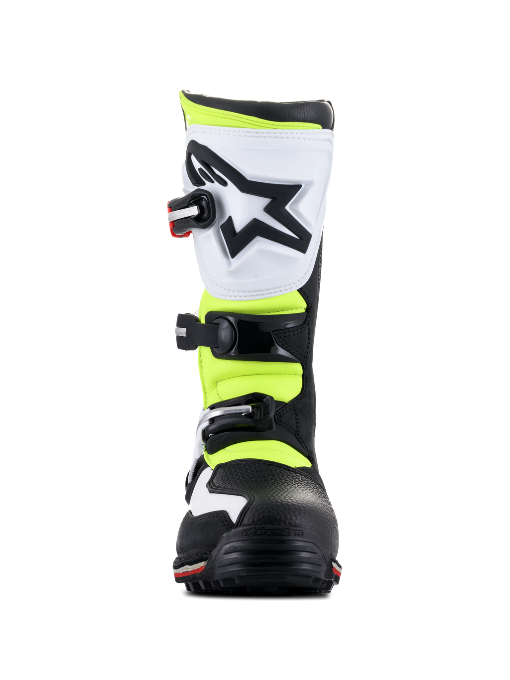 Stivali Alpinestars Tech-T, calzature da trial, bianco, rosso, giallo fluorescente e nero, vista frontale, con paratibiale ergonomica bianca e logo a stella nero, fibbie regolabili e inserti gialli ad alta visibilità