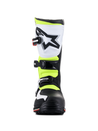 Stivali Alpinestars Tech-T, calzature da trial, bianco, rosso, giallo fluorescente e nero, vista frontale, con paratibiale ergonomica bianca e logo a stella nero, fibbie regolabili e inserti gialli ad alta visibilità