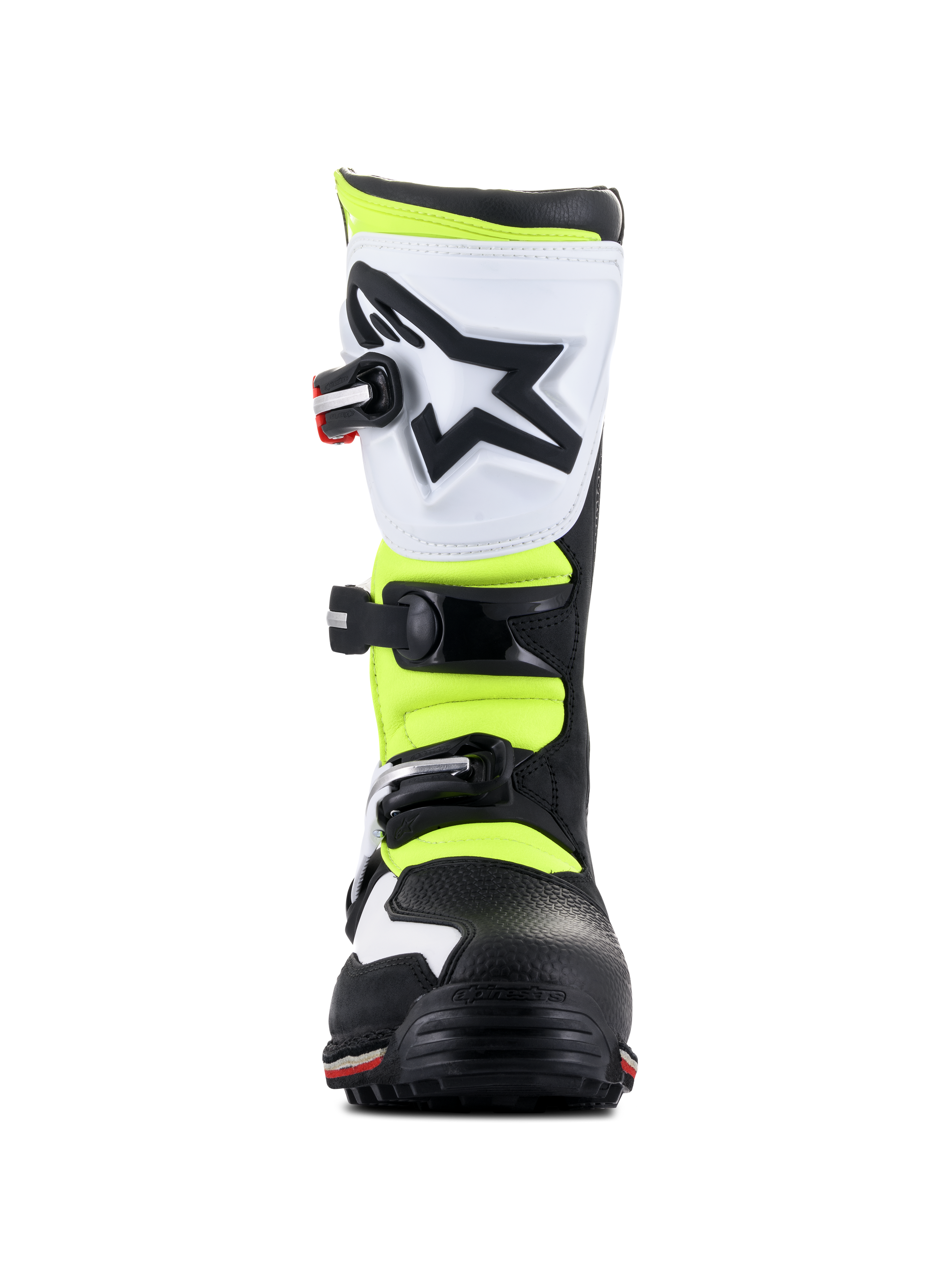 Stivali Alpinestars Tech-T, calzature da trial, bianco, rosso, giallo fluorescente e nero, vista frontale, con paratibiale ergonomica bianca e logo a stella nero, fibbie regolabili e inserti gialli ad alta visibilità