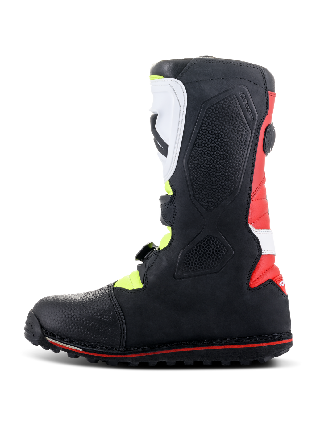 Stivali Alpinestars Tech-T, stivali da moto da trial, bianco, rosso, giallo fluo e nero, vista laterale di profilo con placca tibiale bianca ergonomica e sistema di fibbie, pannello del tallone rosso e suola specifica da trial con linea rossa