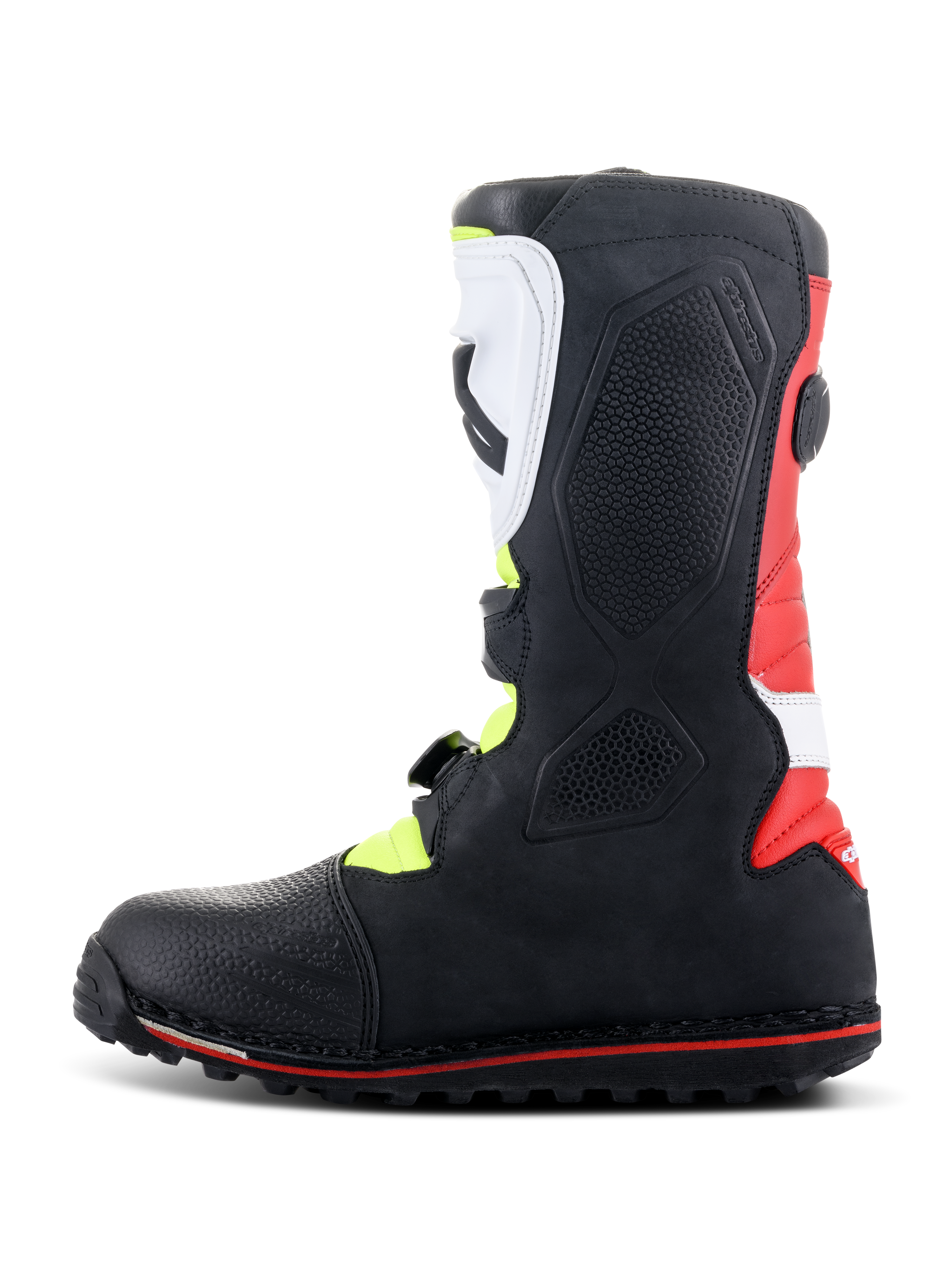 Stivali Alpinestars Tech-T, stivali da moto da trial, bianco, rosso, giallo fluo e nero, vista laterale di profilo con placca tibiale bianca ergonomica e sistema di fibbie, pannello del tallone rosso e suola specifica da trial con linea rossa