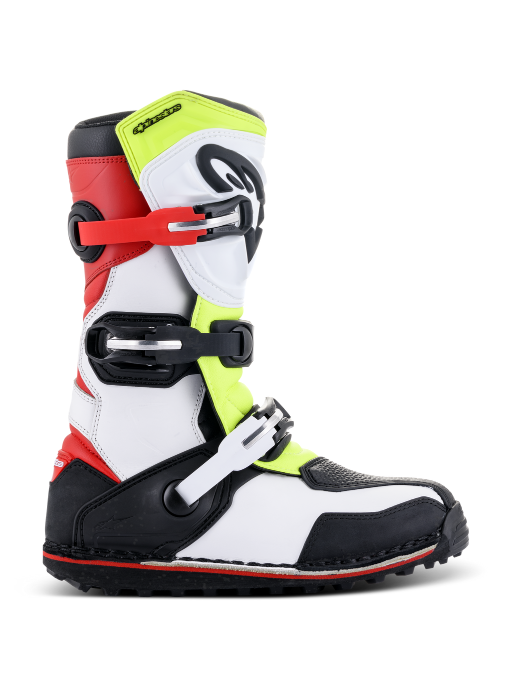 Stivali Alpinestars Tech-T, stivali da moto trial, bianco, rosso, giallo fluo e nero, caratterizzati da tre cinghie con fibbia regolabili, paratibiale ergonomico, robusta suola nera con accento rosso, progettati per la guida trial off-road