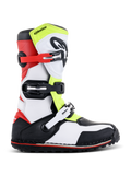 Stivali Alpinestars Tech-T, stivali da moto trial, bianco, rosso, giallo fluo e nero, caratterizzati da tre cinghie con fibbia regolabili, paratibiale ergonomico, robusta suola nera con accento rosso, progettati per la guida trial off-road