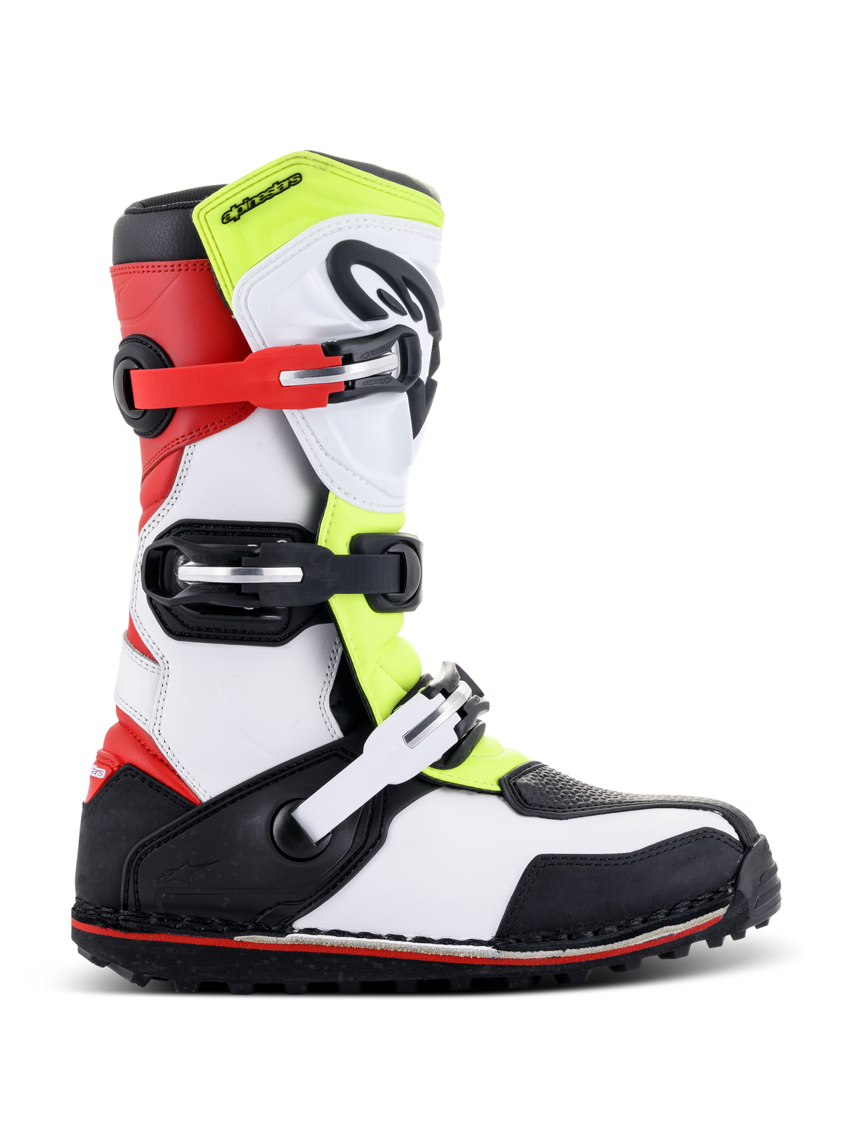 Stivali Alpinestars Tech-T, stivali da moto trial, bianco, rosso, giallo fluo e nero, caratterizzati da tre cinghie con fibbia regolabili, paratibiale ergonomico, robusta suola nera con accento rosso, progettati per la guida trial off-road