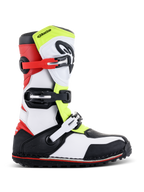 Stivali Alpinestars Tech-T, stivali da moto trial, bianco, rosso, giallo fluo e nero, caratterizzati da tre cinghie con fibbia regolabili, paratibiale ergonomico, robusta suola nera con accento rosso, progettati per la guida trial off-road