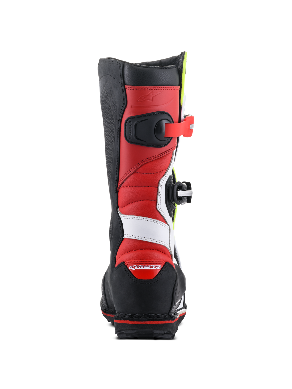 Alpinestars Tech-T Boots, stivali da moto trial, bianco, rosso, giallo fluo e nero, vista posteriore che mostra la costruzione in pelle rossa con dettagli bianchi, protezione tallone nera con logo rosso e una suola nera robusta per trazione off-road.