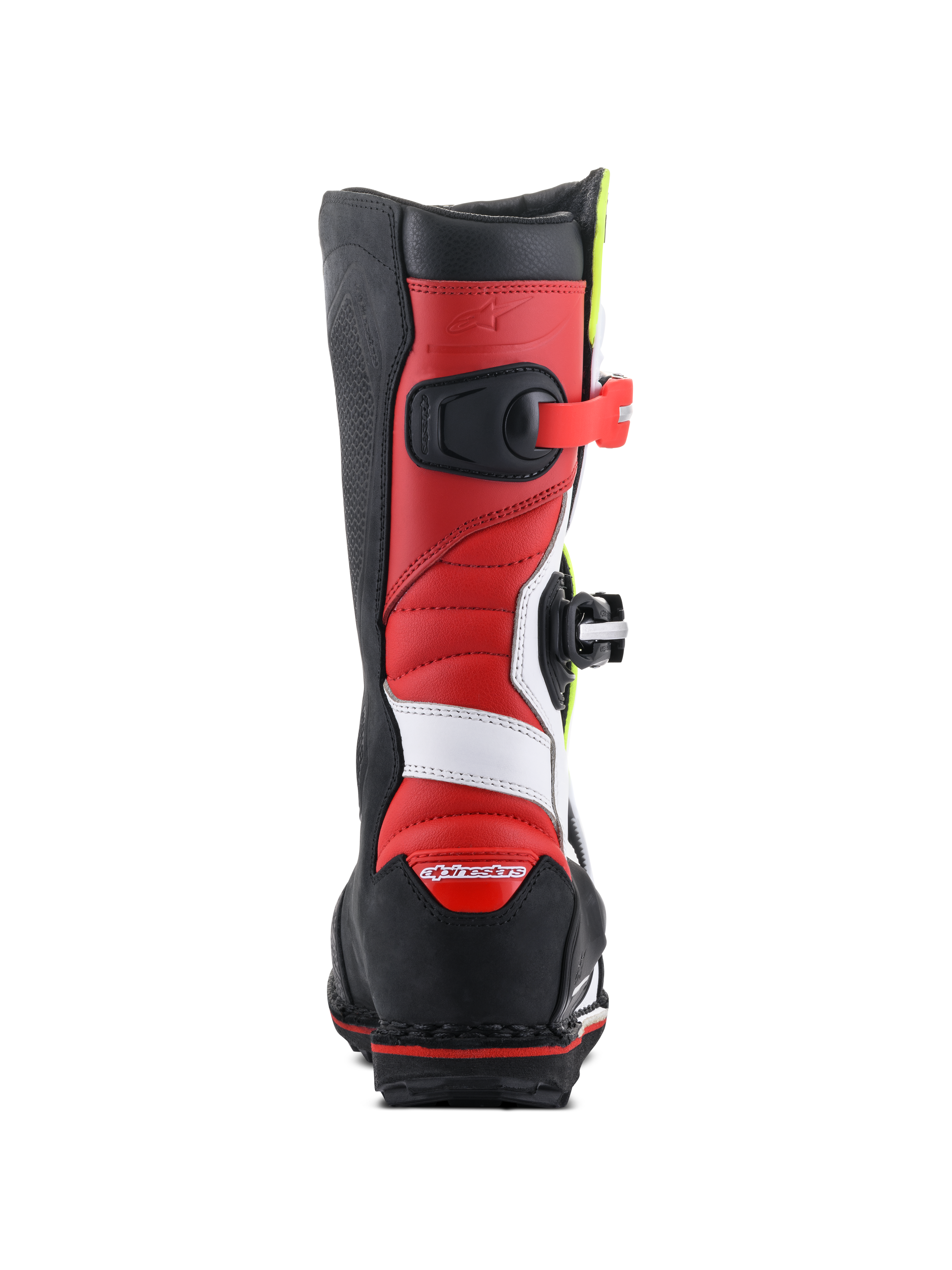 Alpinestars Tech-T Boots, stivali da moto trial, bianco, rosso, giallo fluo e nero, vista posteriore che mostra la costruzione in pelle rossa con dettagli bianchi, protezione tallone nera con logo rosso e una suola nera robusta per trazione off-road.
