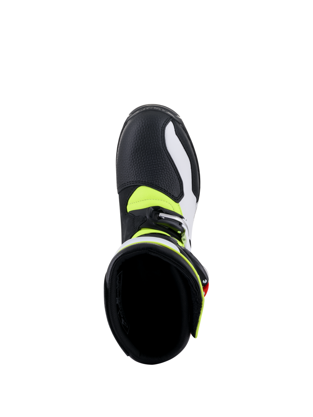 Stivali Alpinestars Tech-T, stivali da moto da trial, bianco, rosso, giallo fluorescente e nero, vista dall'alto dell'interno dello stivale, che mostra la fodera nera imbottita, accenti giallo neon e chiusura con fibbia argentata