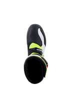 Stivali Alpinestars Tech-T, stivali da moto da trial, bianco, rosso, giallo fluorescente e nero, vista dall'alto dell'interno dello stivale, che mostra la fodera nera imbottita, accenti giallo neon e chiusura con fibbia argentata