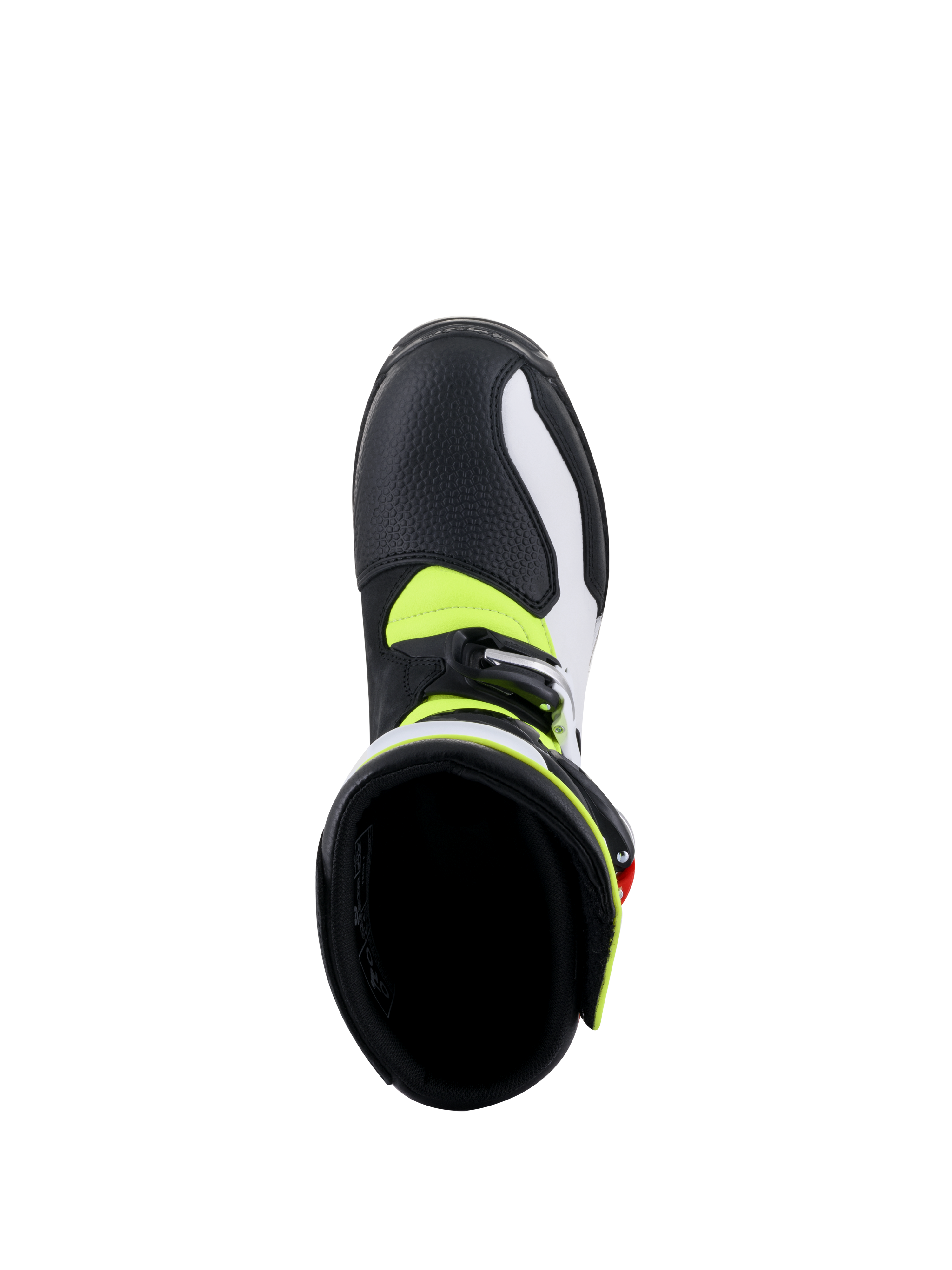 Stivali Alpinestars Tech-T, stivali da moto da trial, bianco, rosso, giallo fluorescente e nero, vista dall'alto dell'interno dello stivale, che mostra la fodera nera imbottita, accenti giallo neon e chiusura con fibbia argentata