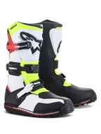 Stivali Alpinestars Tech-T, calzature da moto trial, bianco, rosso, giallo fluo e nero, con paratibia ergonomica e logo a stella, chiusure a fibbia e suola specializzata per il fuoristrada tecnico