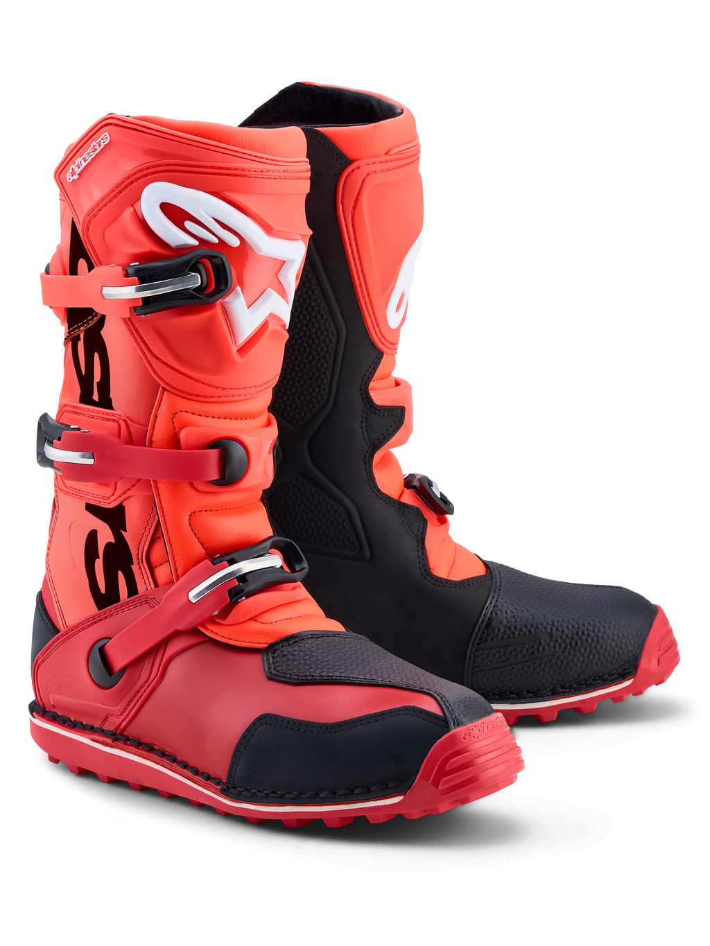 Alpinestars Stivali Tech-T, stivali da moto trials, rossi fluorescenti e neri, con placca tibiale in TPU e sistema a tre fibbie, suola ad alta aderenza, certificati CE