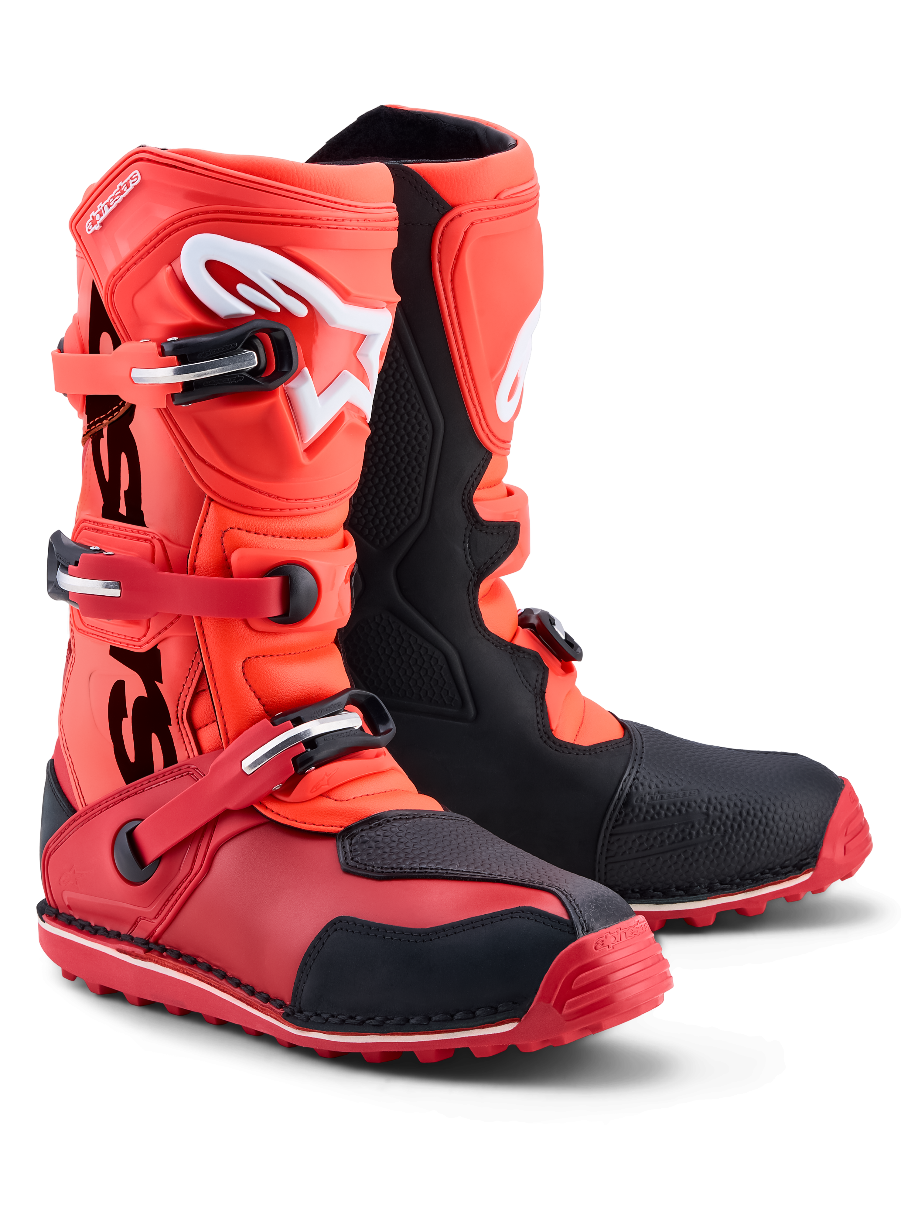 Alpinestars Stivali Tech-T, stivali da moto trials, rossi fluorescenti e neri, con placca tibiale in TPU e sistema a tre fibbie, suola ad alta aderenza, certificati CE