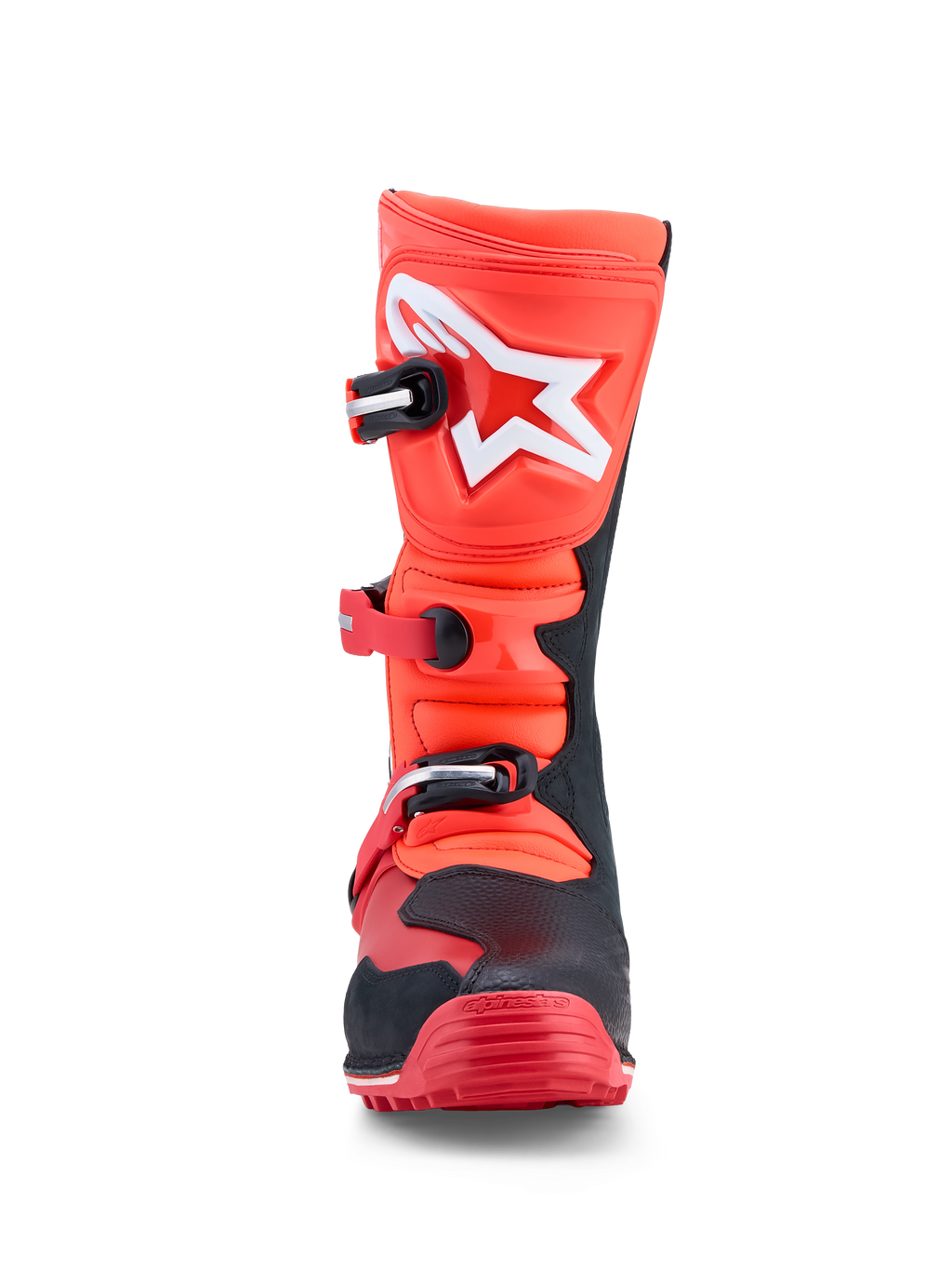 Alpinestars Stivali Tech-T, stivali da moto trials, rosso fluorescente e nero, in pelle con placca tibiale in TPU, certificati CE.