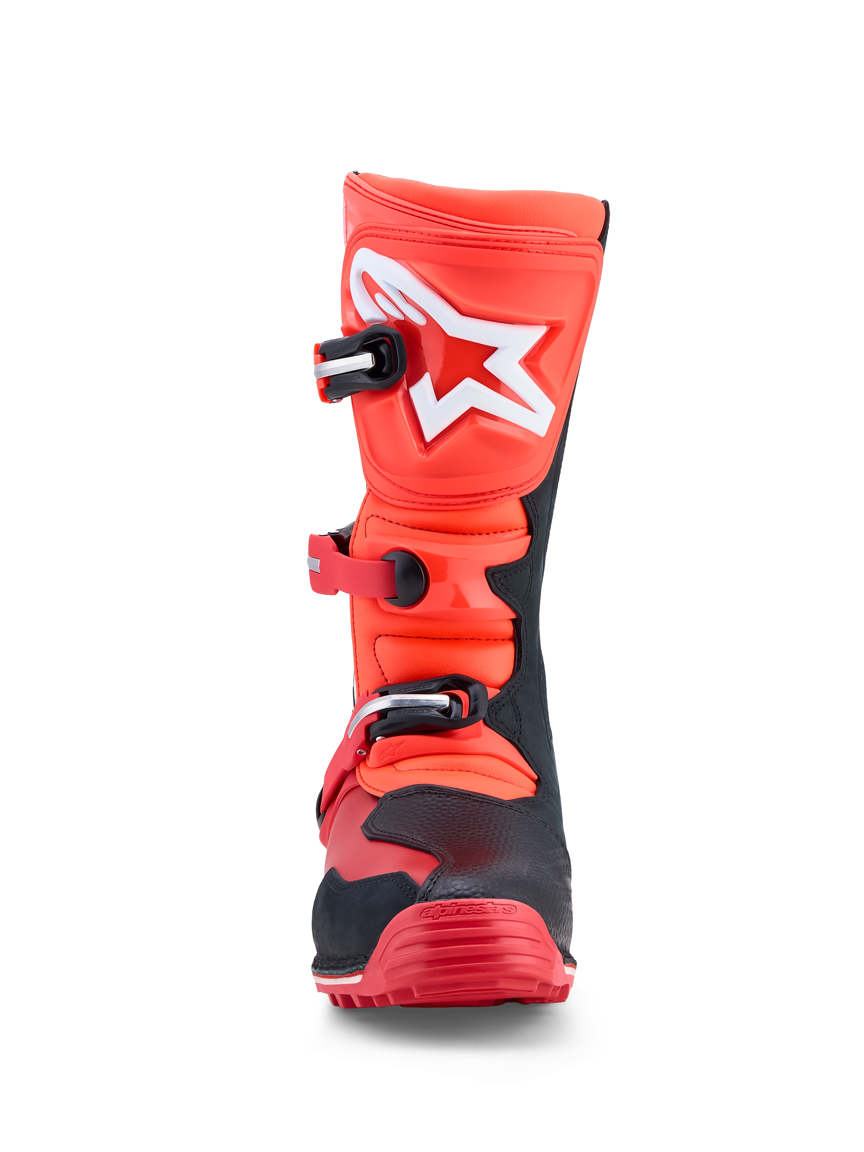 Alpinestars Stivali Tech-T, stivali da moto trials, rosso fluorescente e nero, in pelle con placca tibiale in TPU, certificati CE.