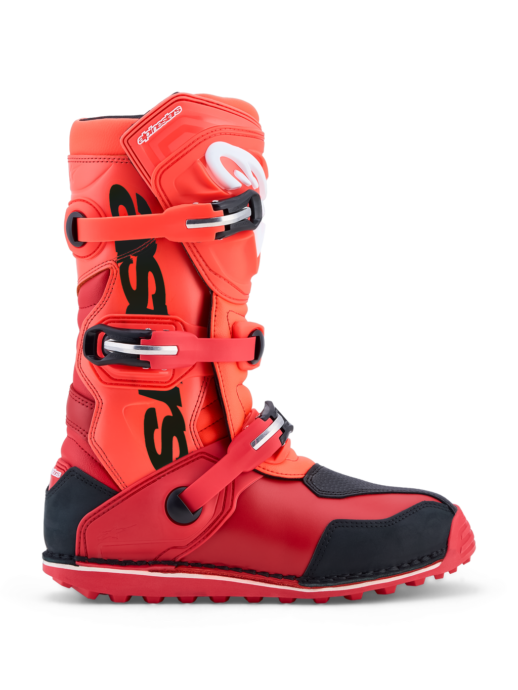 Alpinestars Stivali Tech-T, stivali da moto trial, rosso fluorescente e nero, chiusura a tre fibbie e protezione in TPU