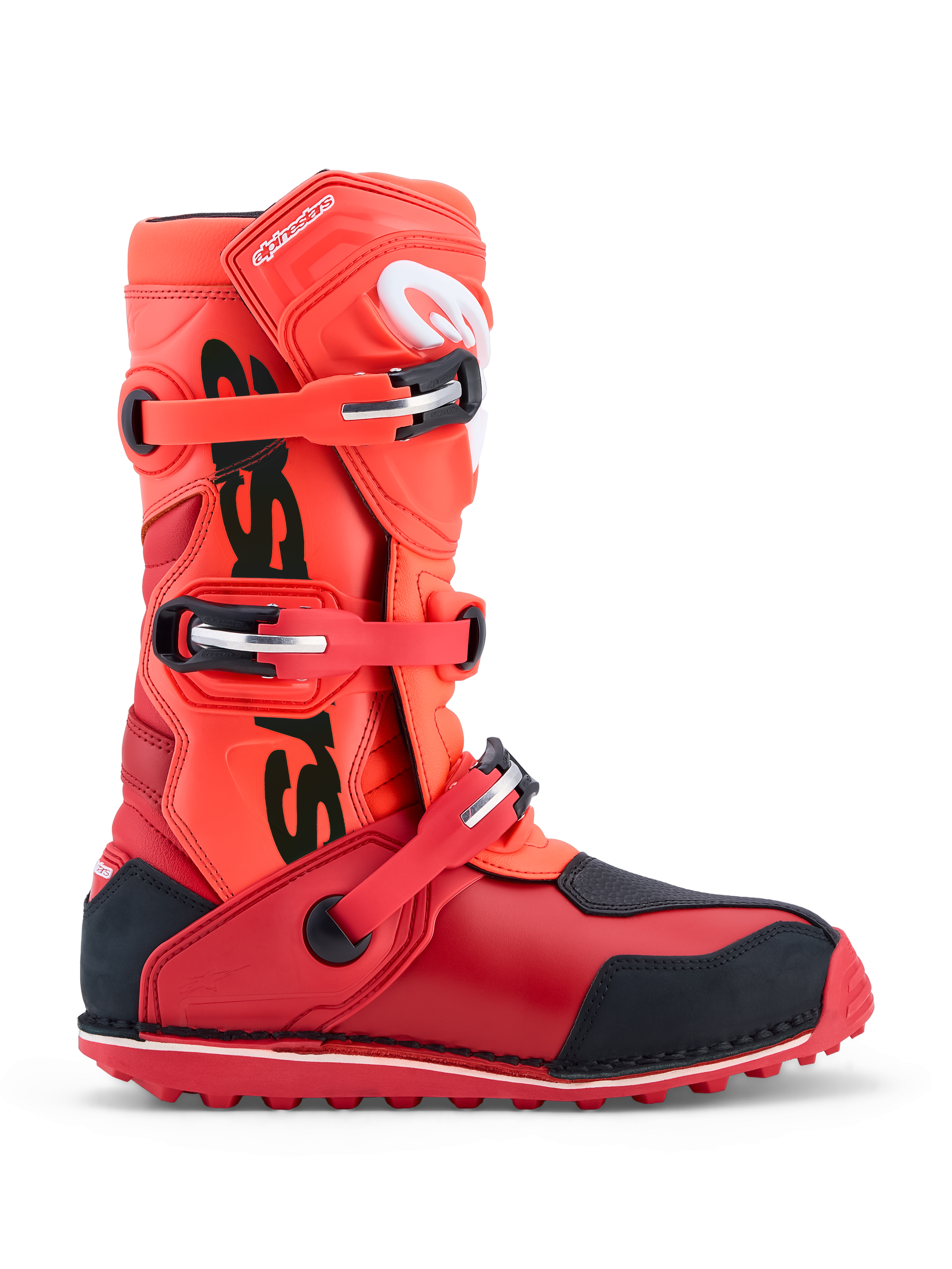 Alpinestars Stivali Tech-T, stivali da moto trial, rosso fluorescente e nero, chiusura a tre fibbie e protezione in TPU