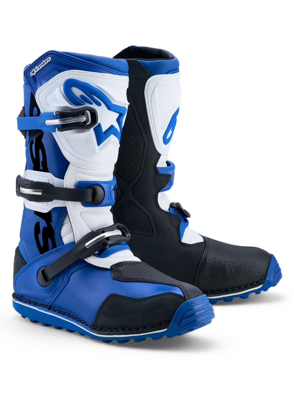 Alpinestars Stivali Tech-T, stivali da moto trial da uomo, blu, bianchi e neri, in pelle e TPU, certificati CE.