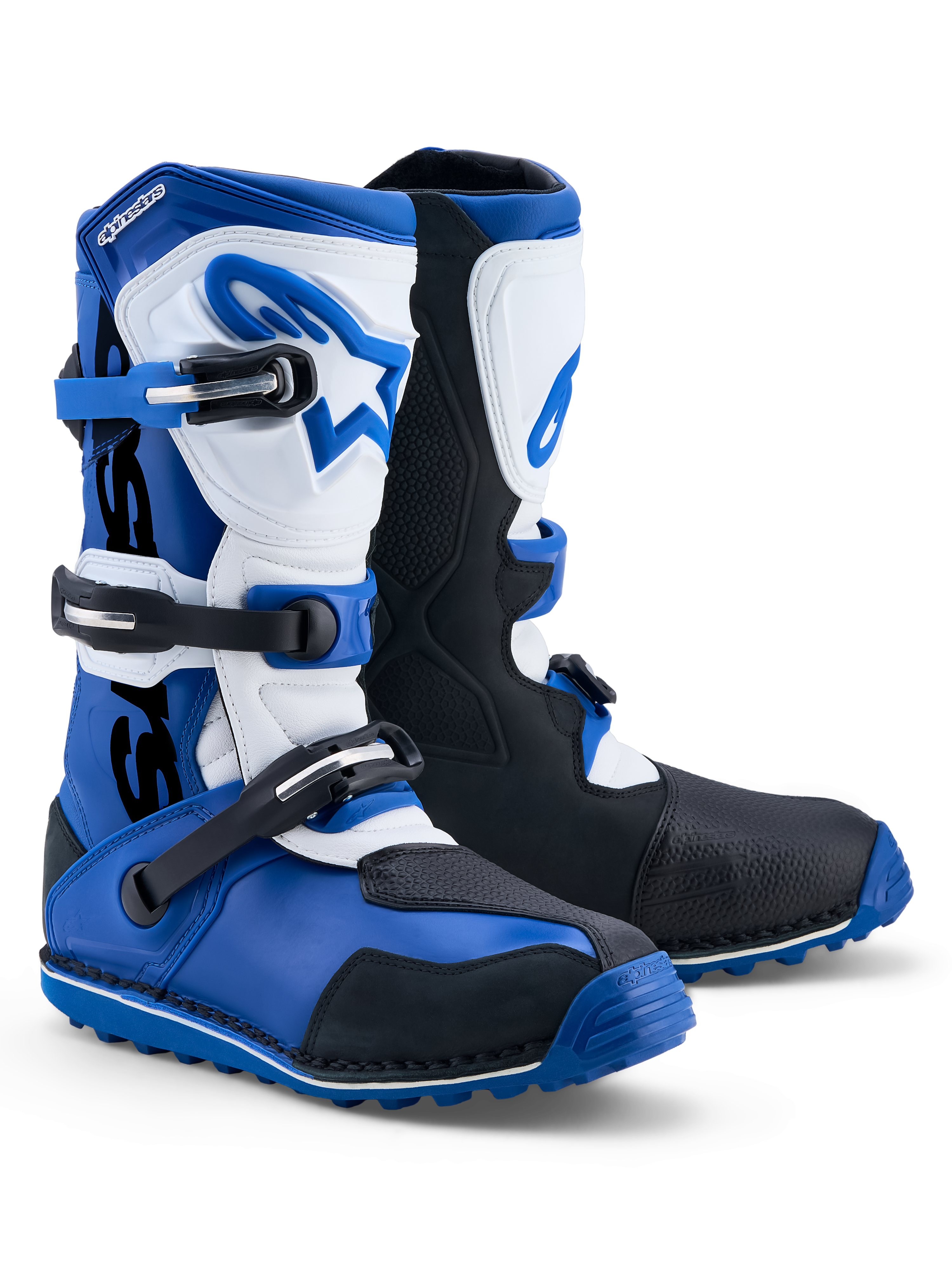 Alpinestars Stivali Tech-T, stivali da moto trial da uomo, blu, bianchi e neri, in pelle e TPU, certificati CE.