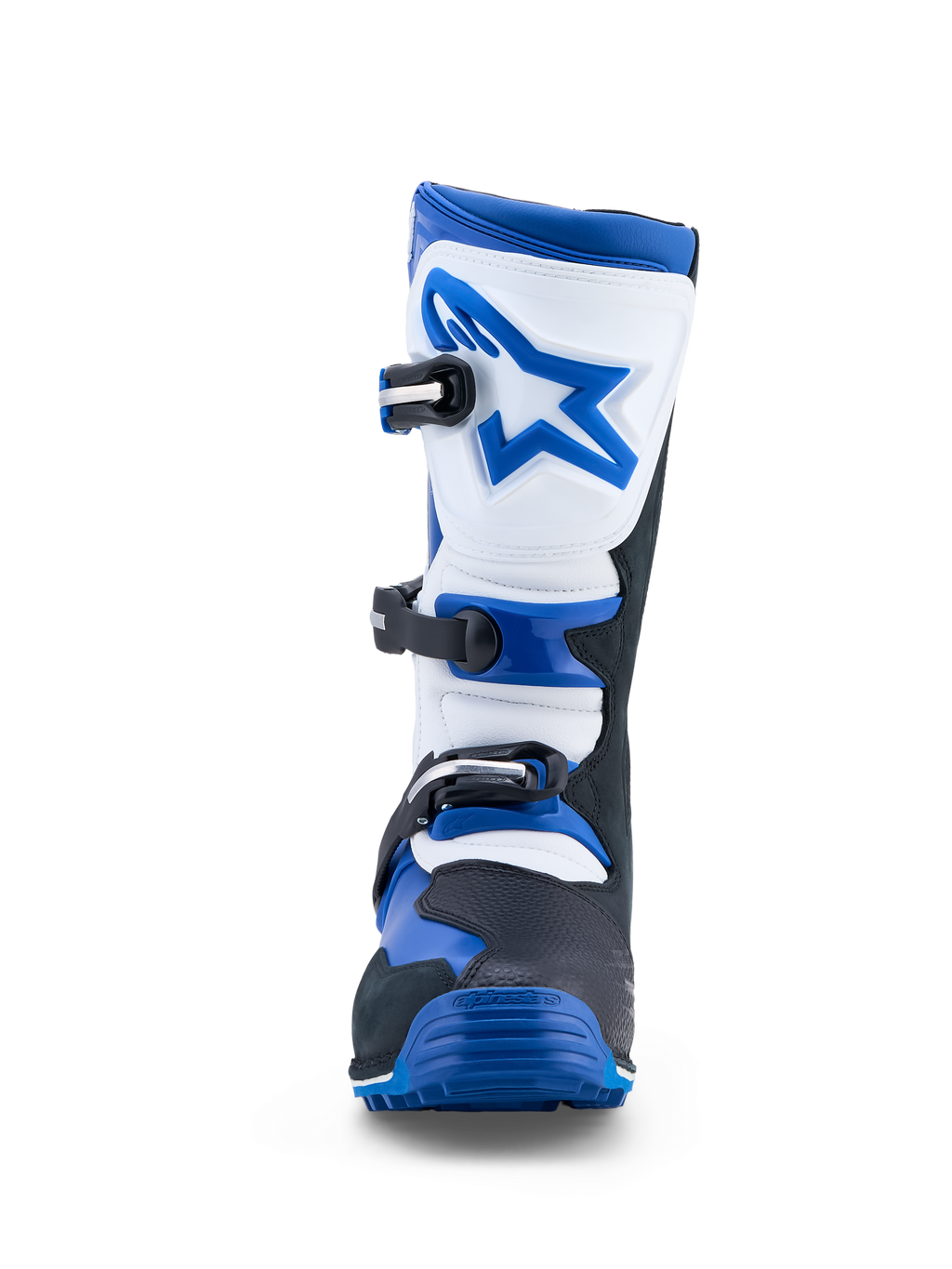 Alpinestars Stivali Tech-T, stivali da moto per trial da uomo, blu, neri e bianchi, chiusura a tre fibbie, pelle, certificati CE.
