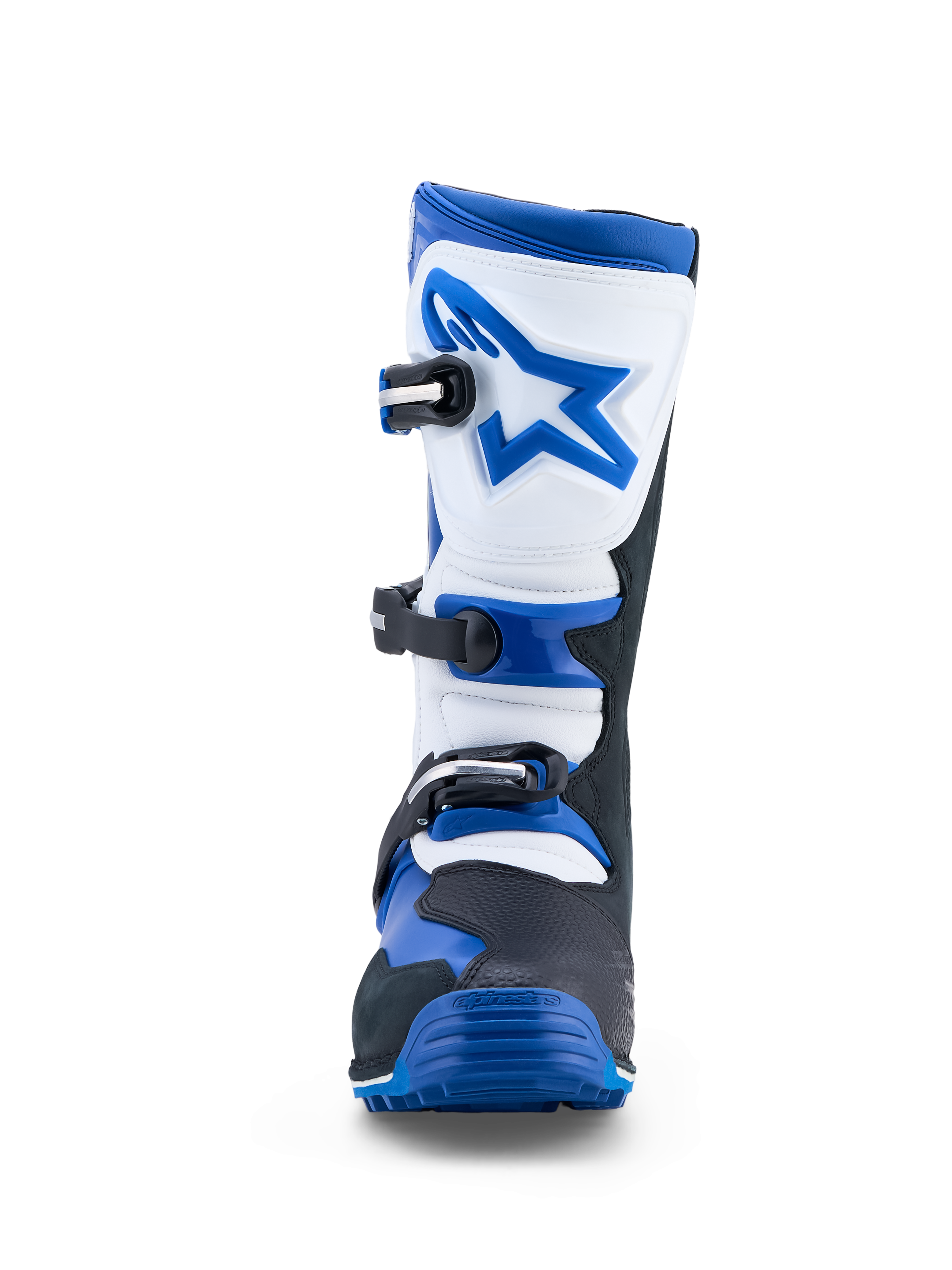 Alpinestars Stivali Tech-T, stivali da moto per trial da uomo, blu, neri e bianchi, chiusura a tre fibbie, pelle, certificati CE.