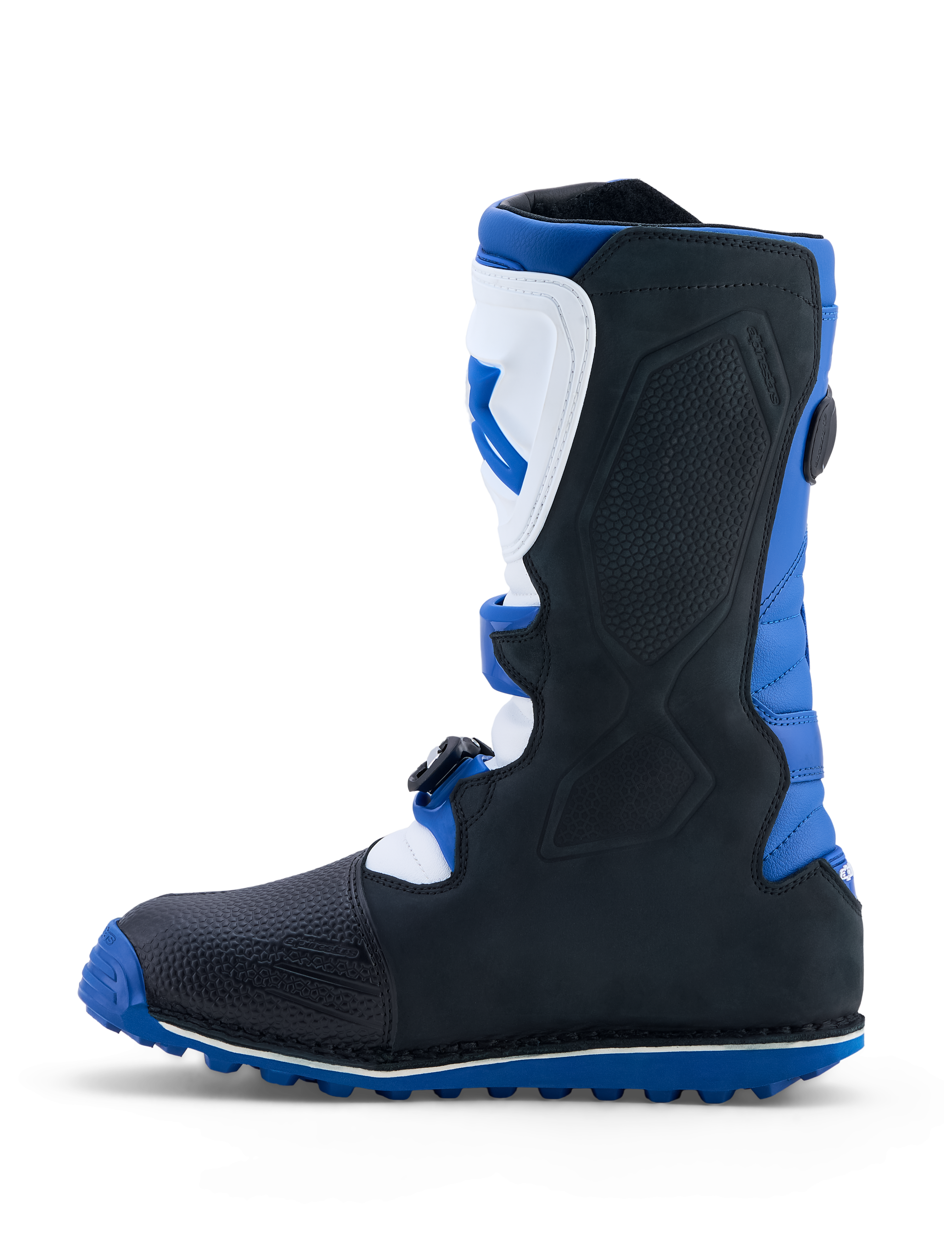 Alpinestars stivali Tech-T, stivali da moto per trial da uomo, blu, neri e bianchi, con parastinchi in TPU e suola ad alta aderenza.