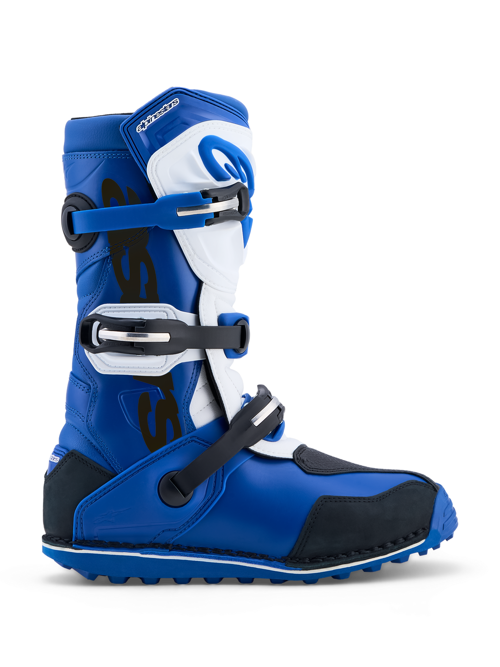 Alpinestars Stivali Tech-T, stivali da moto trial, blu e bianchi, sistema di chiusura a tre fibbie, suola in gomma ad alta aderenza, pelle e microfibra, certificati CE
