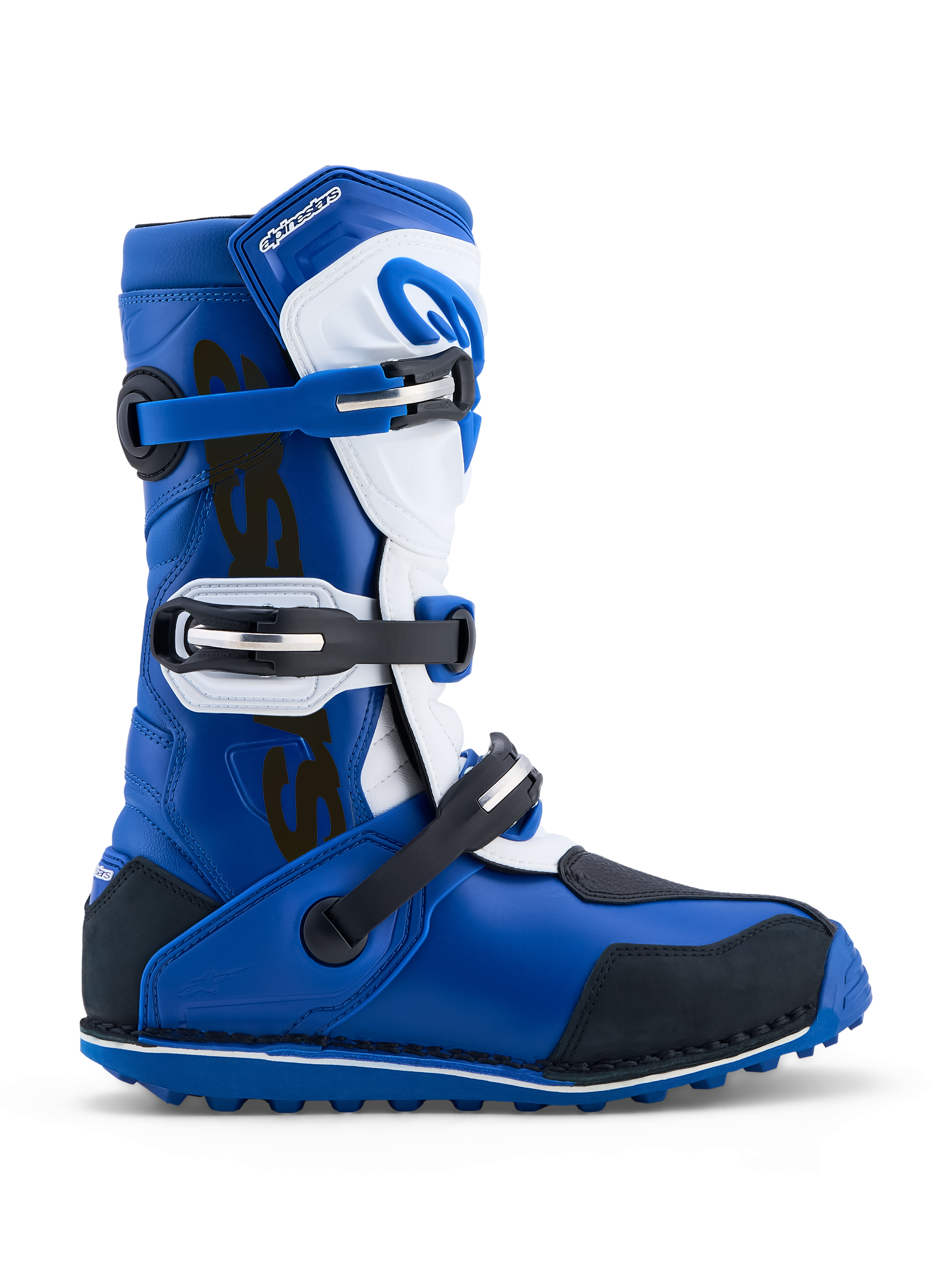 Alpinestars Stivali Tech-T, stivali da moto trial, blu e bianchi, sistema di chiusura a tre fibbie, suola in gomma ad alta aderenza, pelle e microfibra, certificati CE