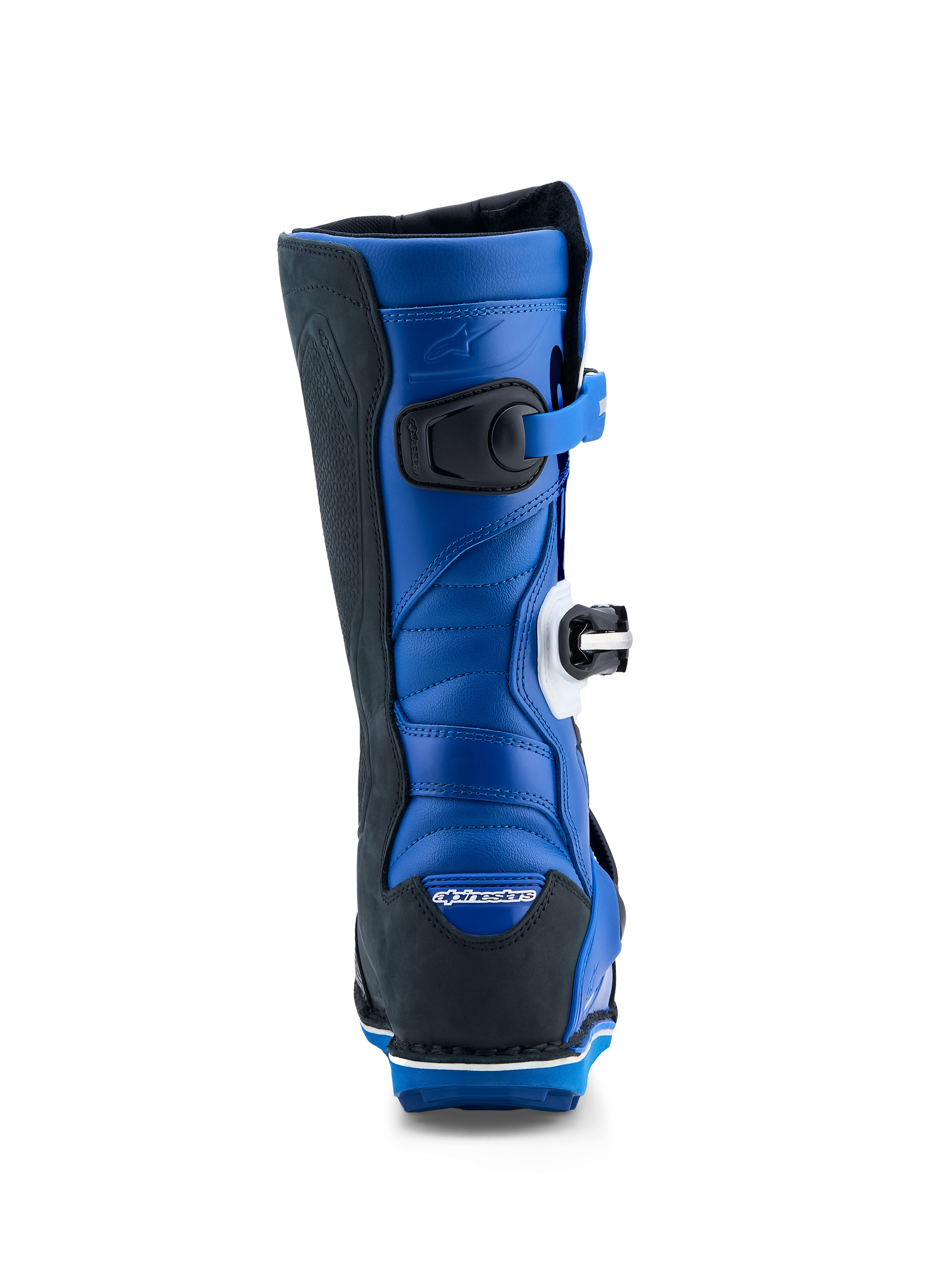 Alpinestars Stivali Tech-T, stivali da trial da uomo, blu e neri, pelle con zone di flessione posteriori, vista posteriore