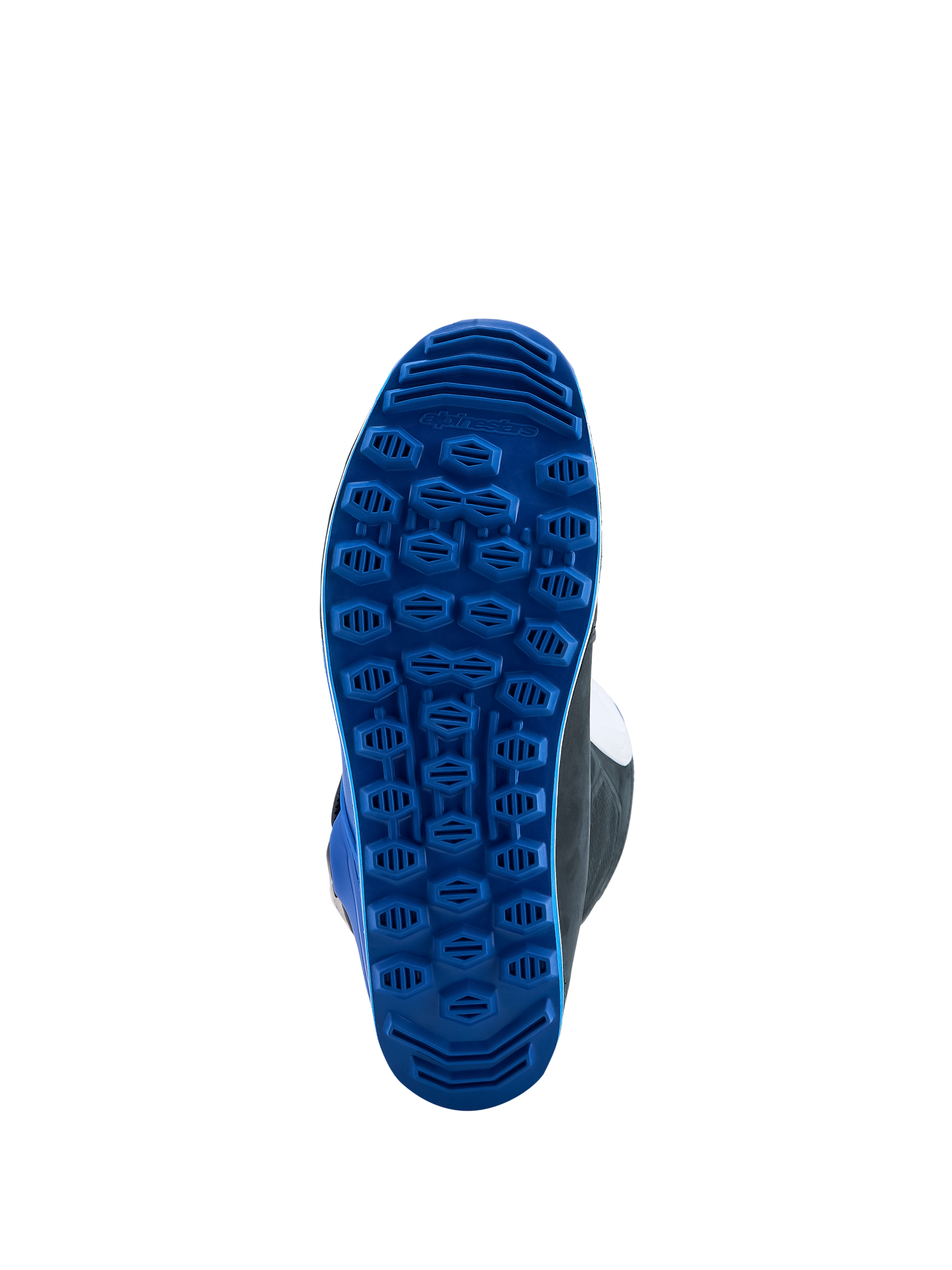 Alpinestars stivali Tech-T, stivali da trial per uomo, blu, vista della suola in gomma per terreni accidentati e sensibilità sui pioli, certificati CE