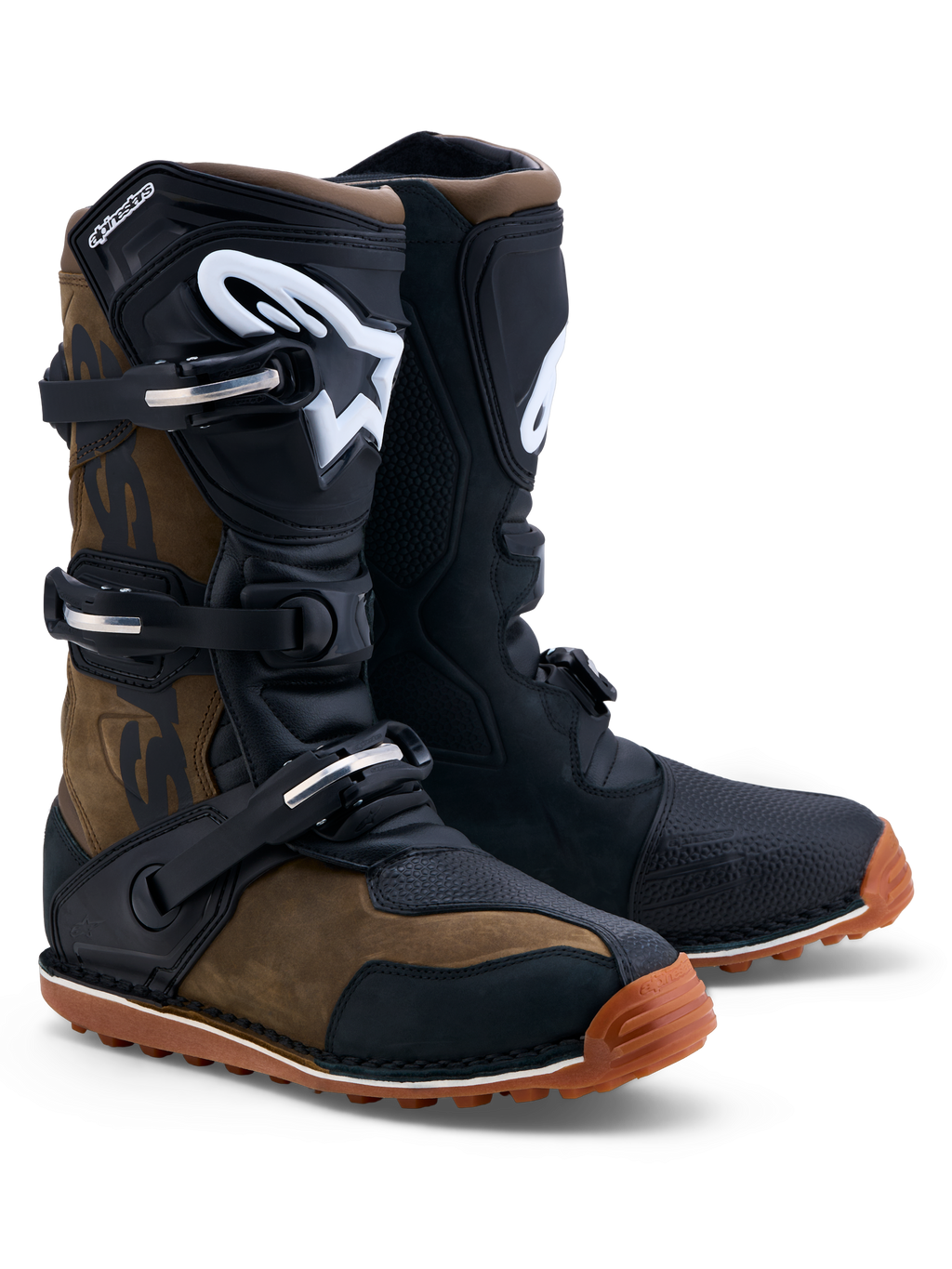Alpinestars stivali Tech-T, stivali da trial in pelle marrone e nera, con placche tibiali in TPU e chiusura a tre fibbie