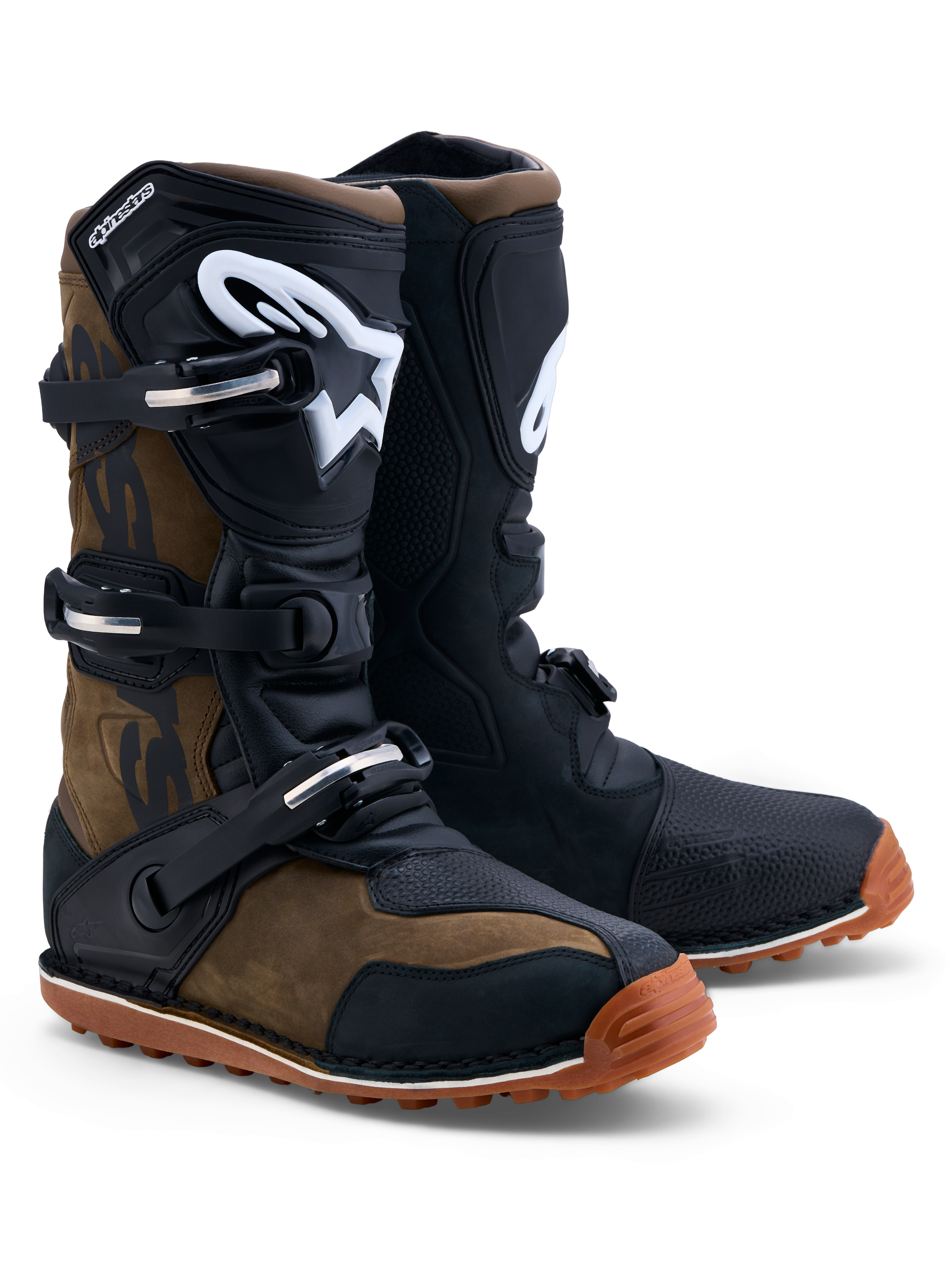 Alpinestars stivali Tech-T, stivali da trial in pelle marrone e nera, con placche tibiali in TPU e chiusura a tre fibbie