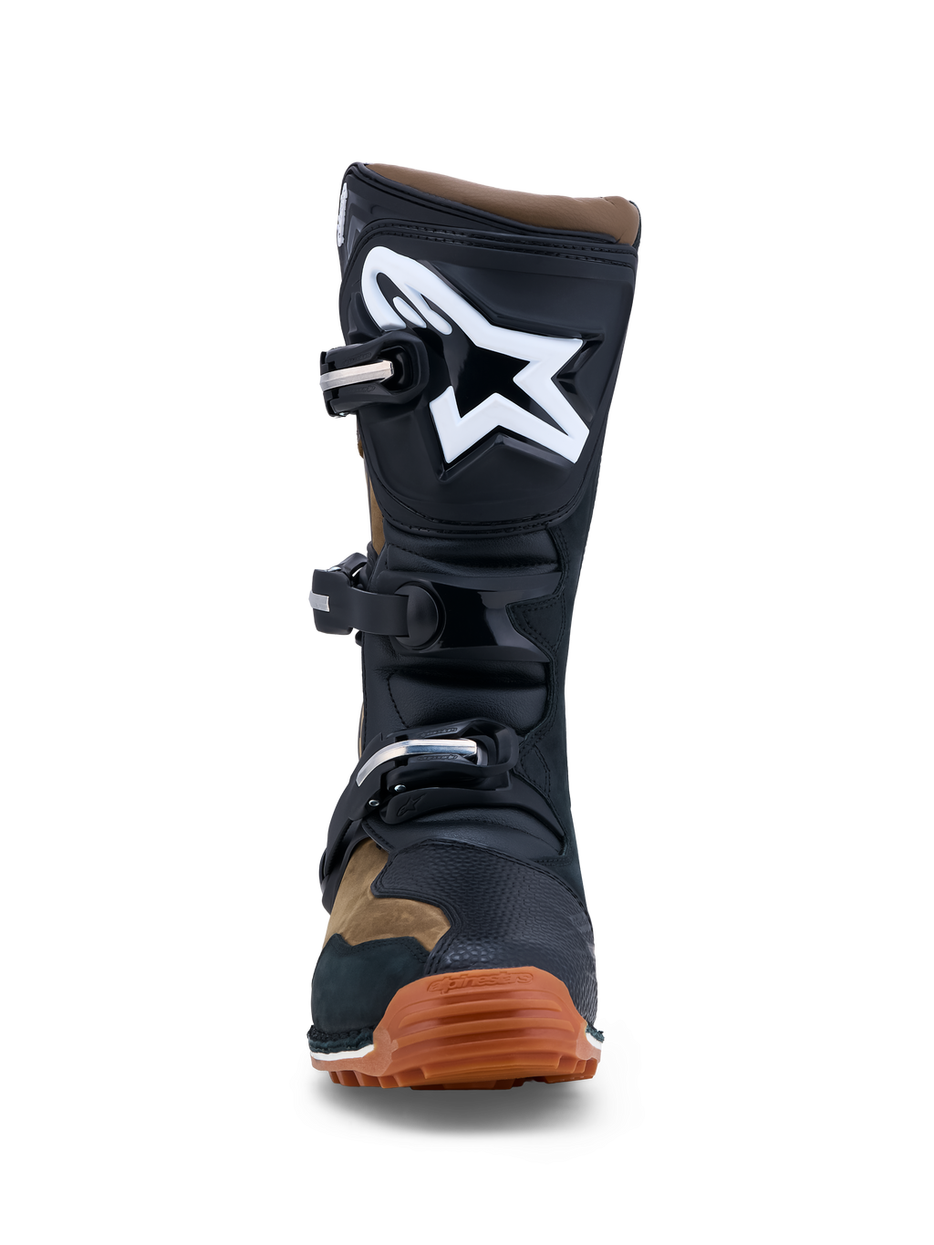 Alpinestars Stivali Tech-T, stivali da trial da uomo, marrone e neri, in pelle e microfibra con placca tibiale in TPU e logo bianco, chiusura a tre fibbie e suola in gomma, certificati CE