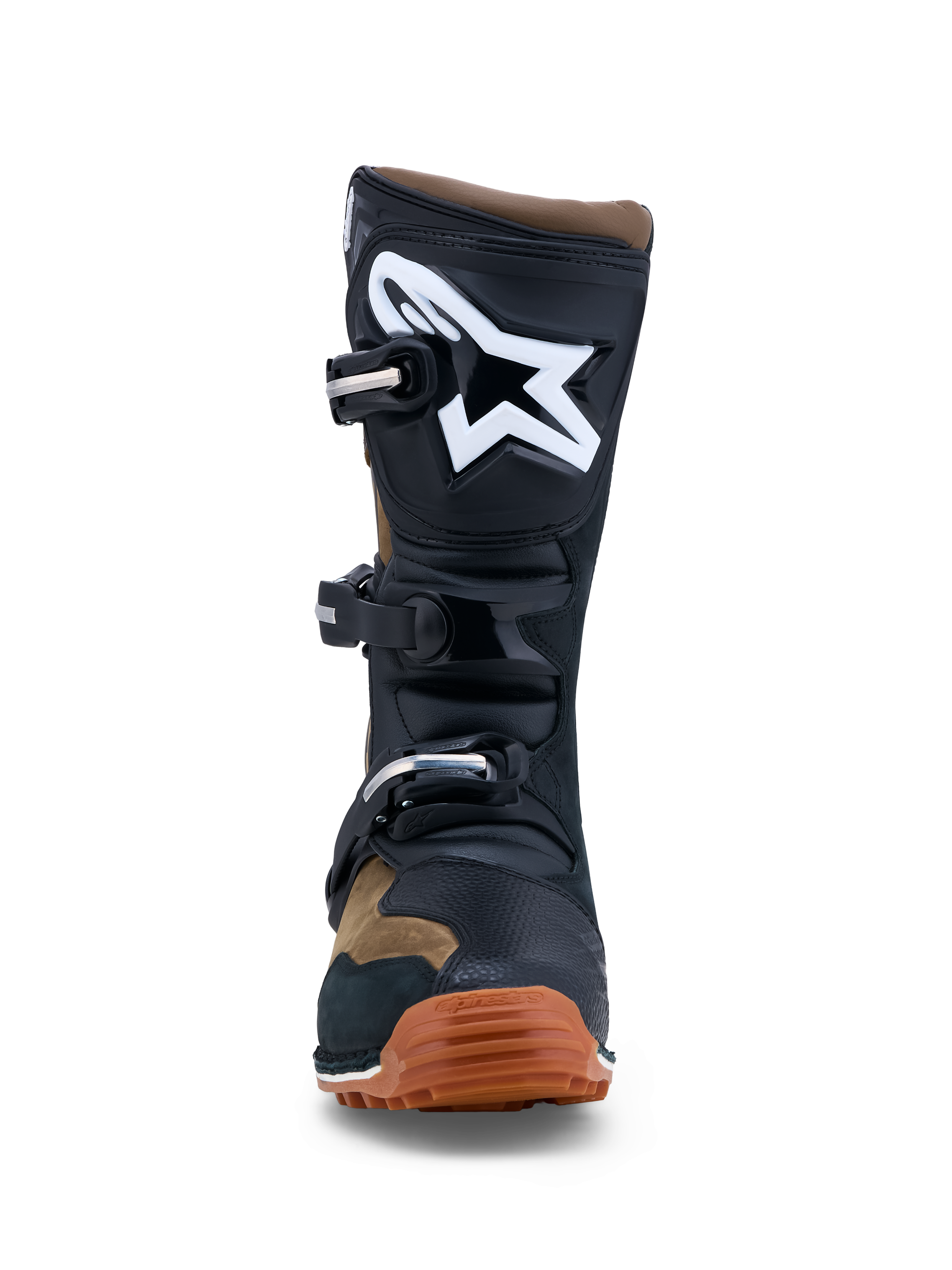 Alpinestars Stivali Tech-T, stivali da trial da uomo, marrone e neri, in pelle e microfibra con placca tibiale in TPU e logo bianco, chiusura a tre fibbie e suola in gomma, certificati CE