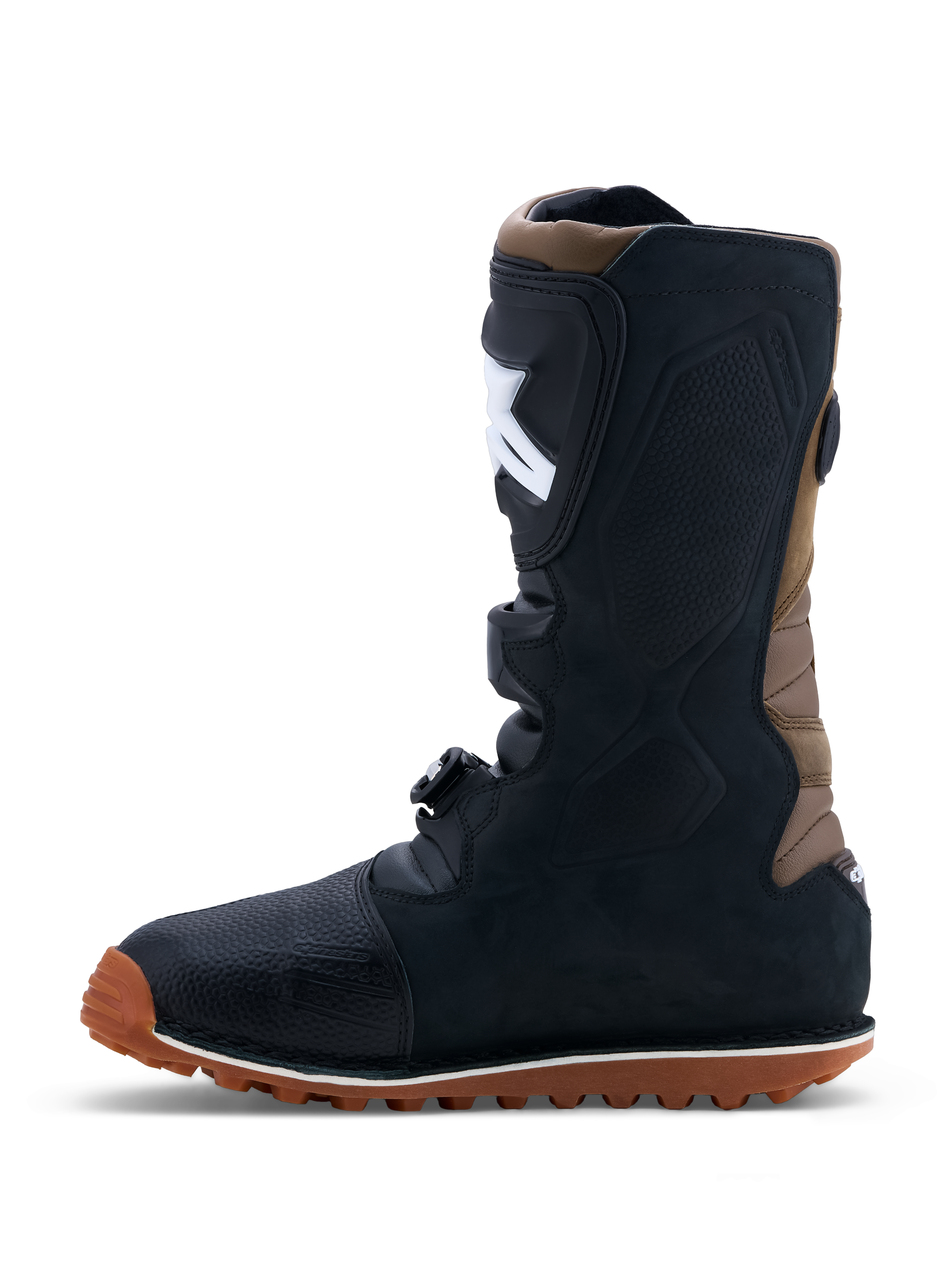 Alpinestars stivali Tech-T, stivali da moto trial da uomo, neri e marroni, in pelle e microfibra, suola in gomma ad alto grip, fibbie regolabili, certificati CE