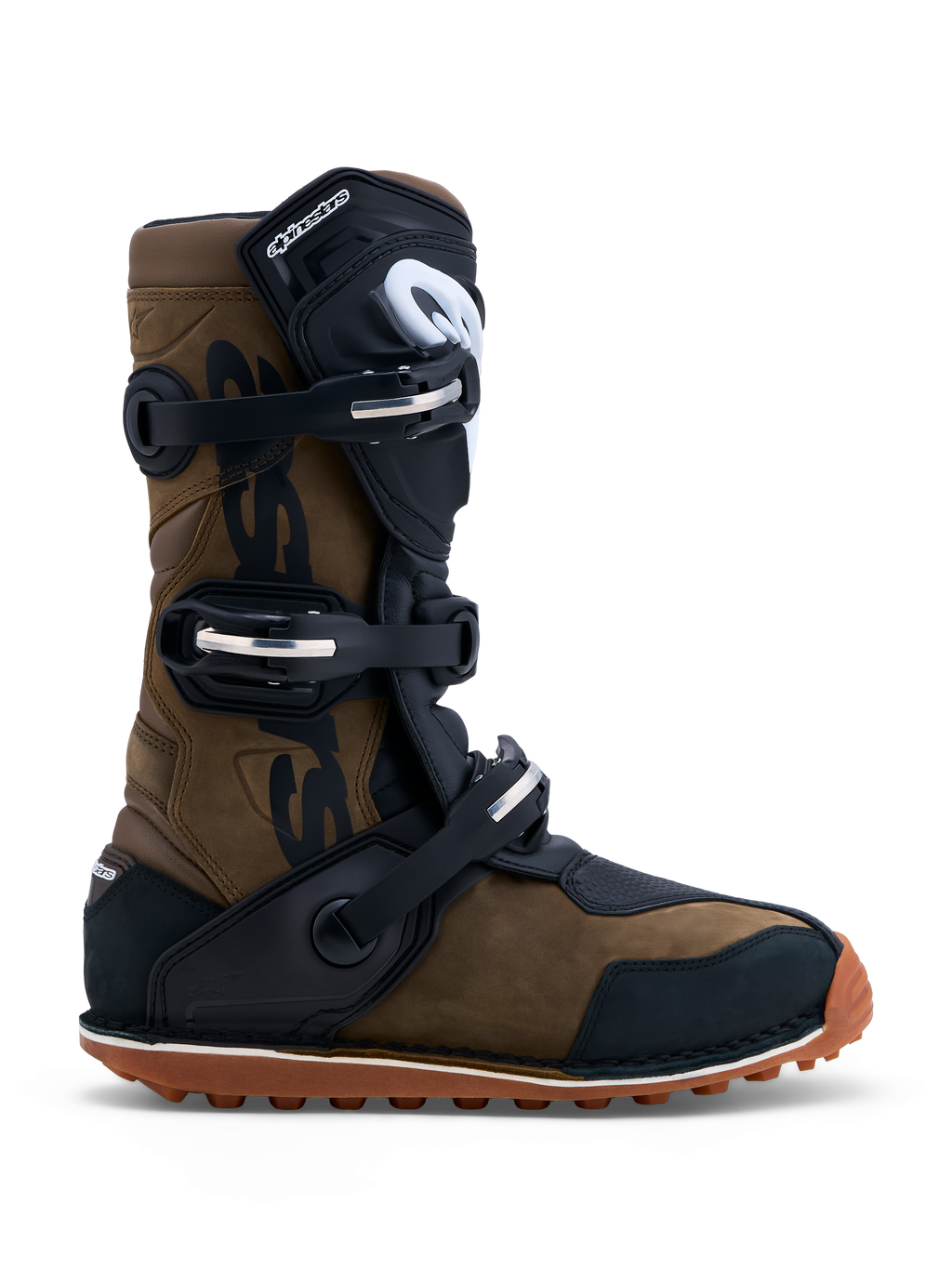 Alpinestars Stivali Tech-T, stivali da moto trial per uomo, marrone e neri, in pelle con chiusura a tre fibbie e suola in gomma antiscivolo, certificati CE.