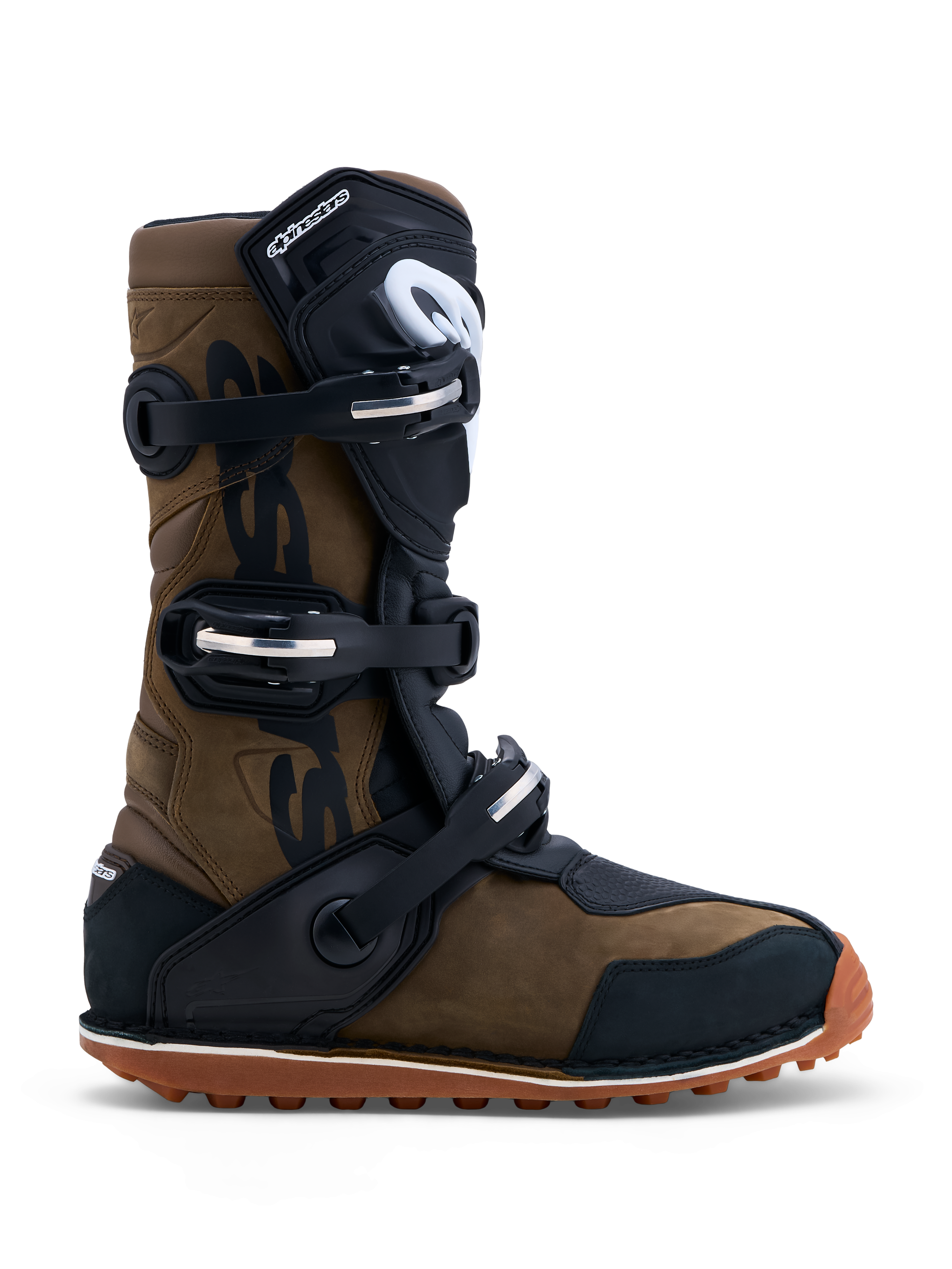 Alpinestars Stivali Tech-T, stivali da moto trial per uomo, marrone e neri, in pelle con chiusura a tre fibbie e suola in gomma antiscivolo, certificati CE.