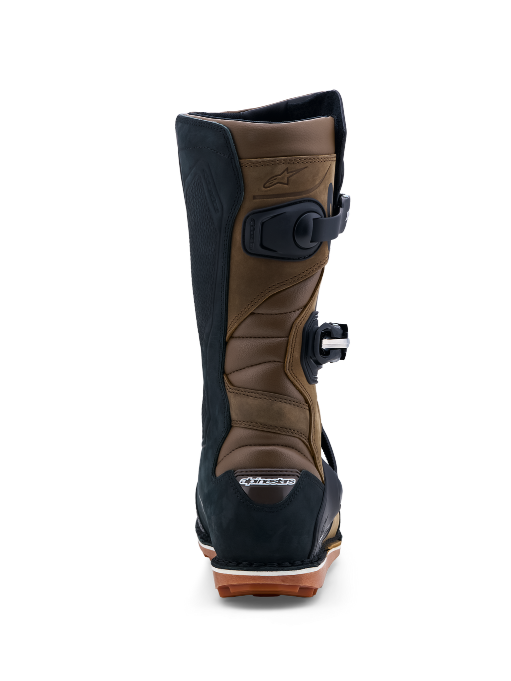 Alpinestars Stivali Tech-T, stivali da moto trial per uomo, marrone e nero, vista posteriore con zone di flessione a fisarmonica e suola in gomma ad alto grip.