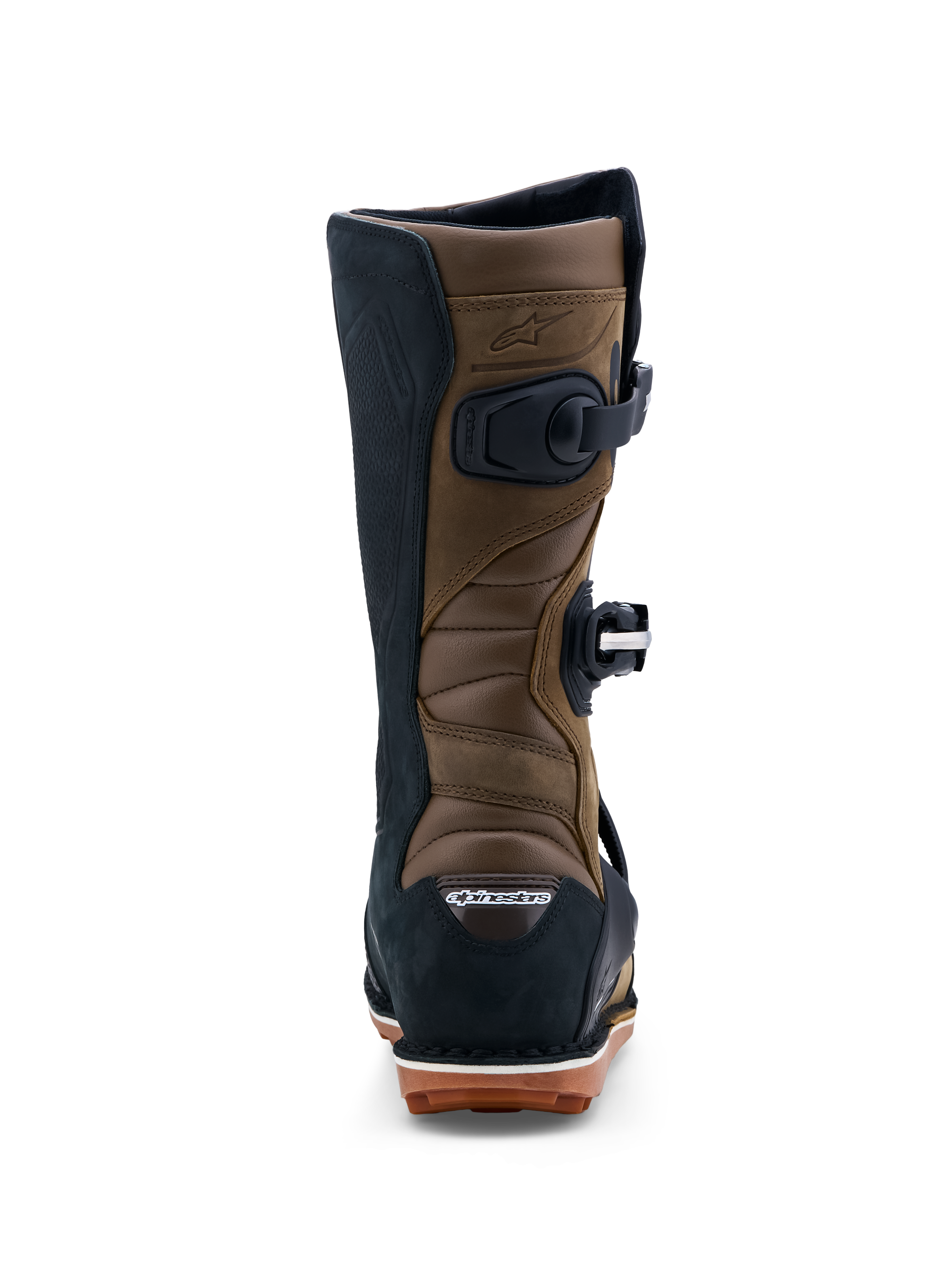 Alpinestars Stivali Tech-T, stivali da moto trial per uomo, marrone e nero, vista posteriore con zone di flessione a fisarmonica e suola in gomma ad alto grip.