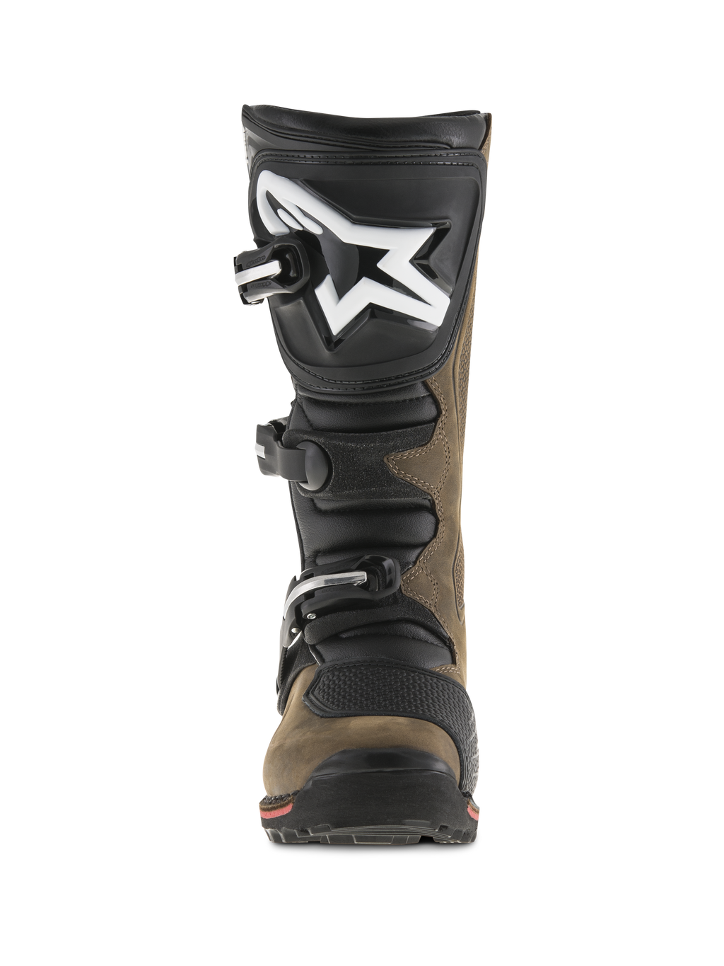 Stivali Alpinestars Tech-T, stivali da moto per trial, marrone oliato e nero, vista frontale che mostra la placca parastinchi ergonomica con grande logo bianco, sistema di chiusura a tre fibbie e suola specializzata per la guida tecnica off-road
