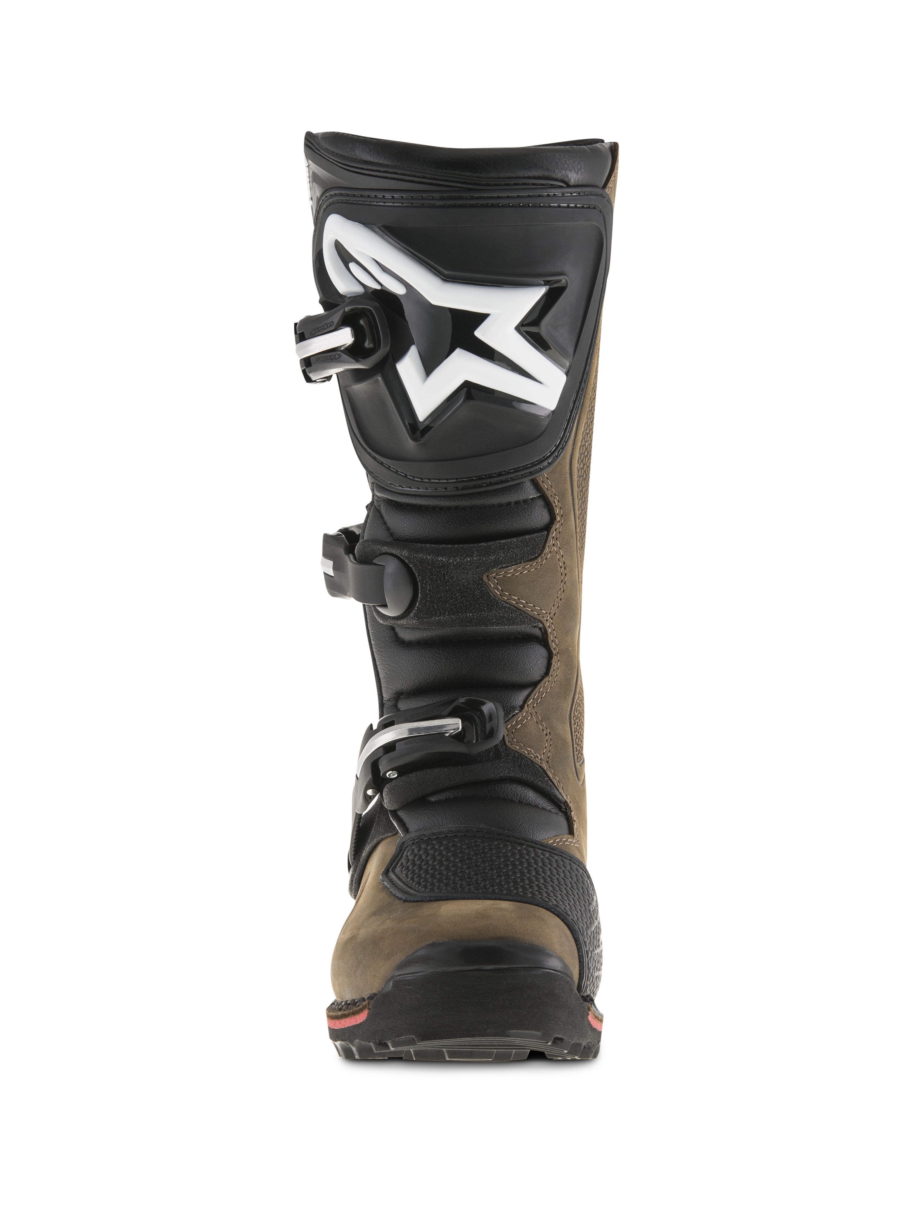 Stivali Alpinestars Tech-T, stivali da moto per trial, marrone oliato e nero, vista frontale che mostra la placca parastinchi ergonomica con grande logo bianco, sistema di chiusura a tre fibbie e suola specializzata per la guida tecnica off-road