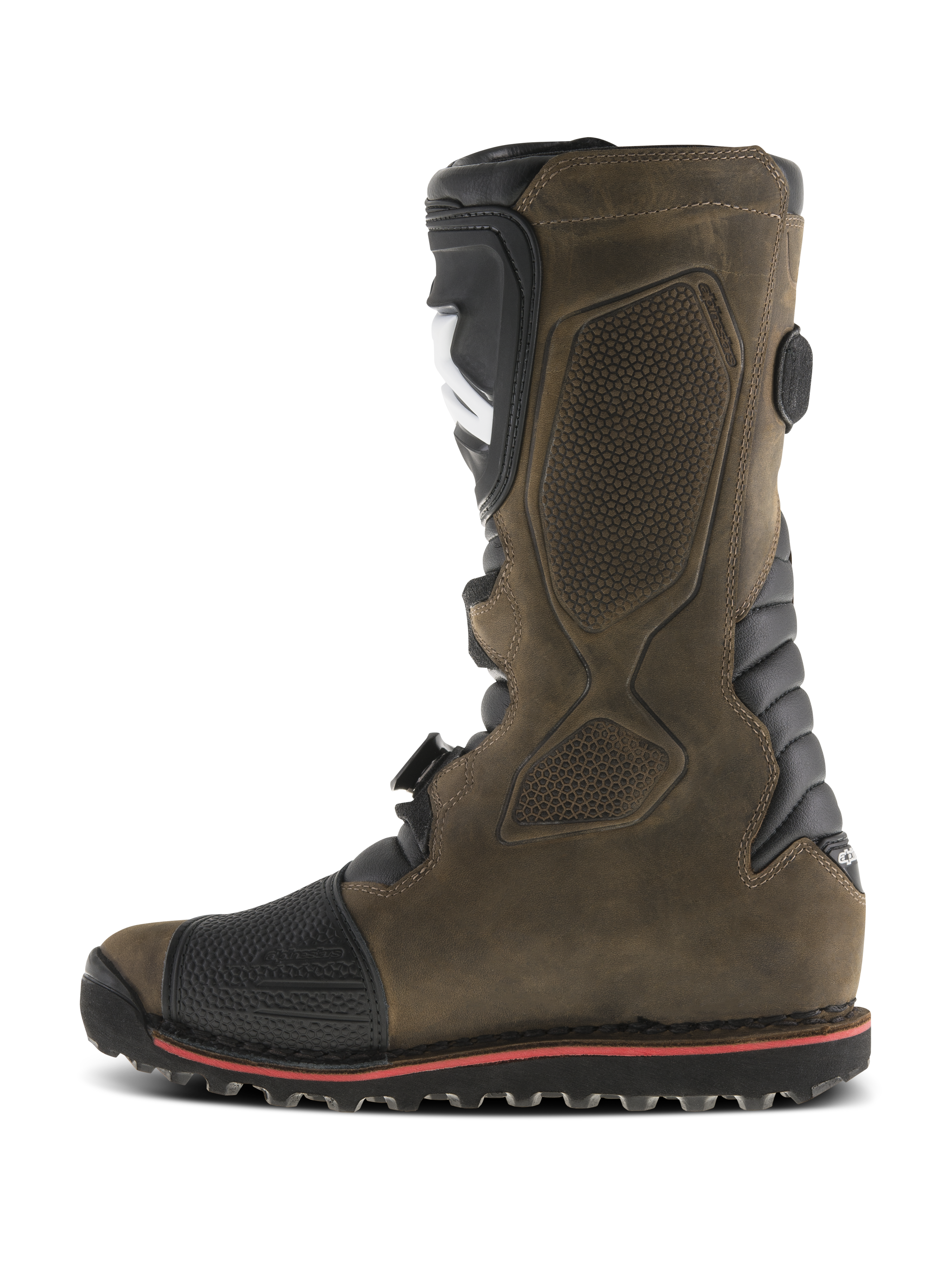 Stivali Alpinestars Tech-T, stivali da moto da trial, marrone oliato, vista laterale con placca parastinchi ergonomica nera, tomaia in pelle testurizzata, punta rinforzata e suola resistente con linea rossa