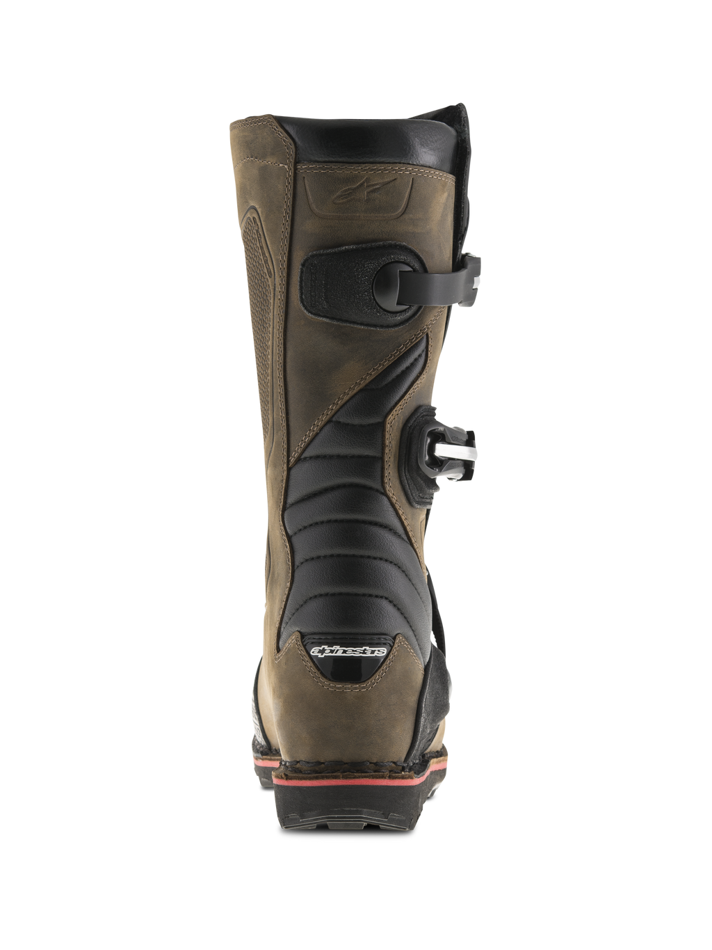 Stivali Alpinestars Tech-T, Marrone Oliato, vista posteriore con zone flessibili a fisarmonica nere, fibbie laterali e marchio Alpinestars sul tallone, stivali da moto trial professionali con finitura in pelle robusta