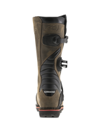 Stivali Alpinestars Tech-T, Marrone Oliato, vista posteriore con zone flessibili a fisarmonica nere, fibbie laterali e marchio Alpinestars sul tallone, stivali da moto trial professionali con finitura in pelle robusta