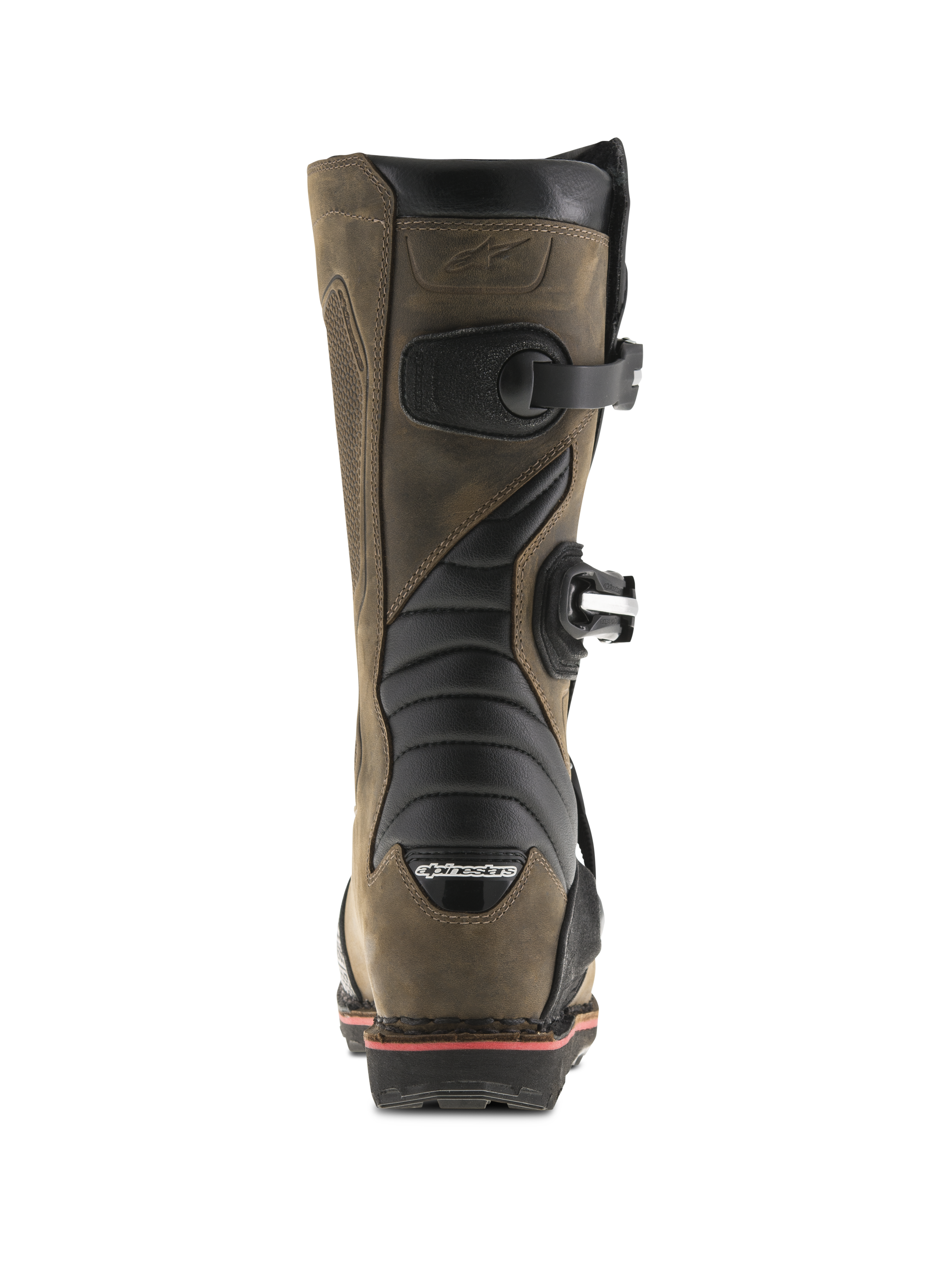Stivali Alpinestars Tech-T, Marrone Oliato, vista posteriore con zone flessibili a fisarmonica nere, fibbie laterali e marchio Alpinestars sul tallone, stivali da moto trial professionali con finitura in pelle robusta